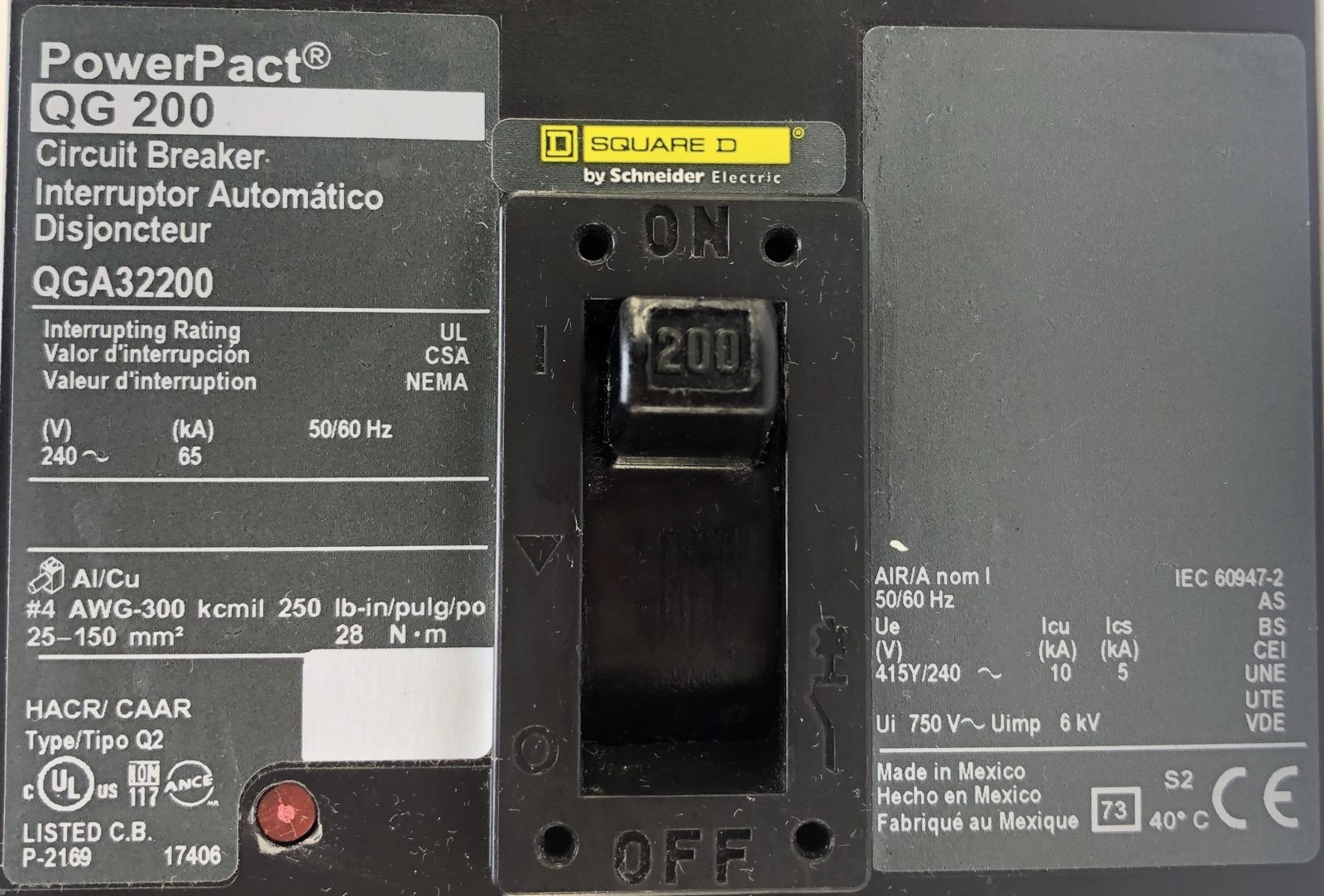 Square D QGA32200 3 Pole 200 Amp 240 Vac I-Line Circuit Breaker