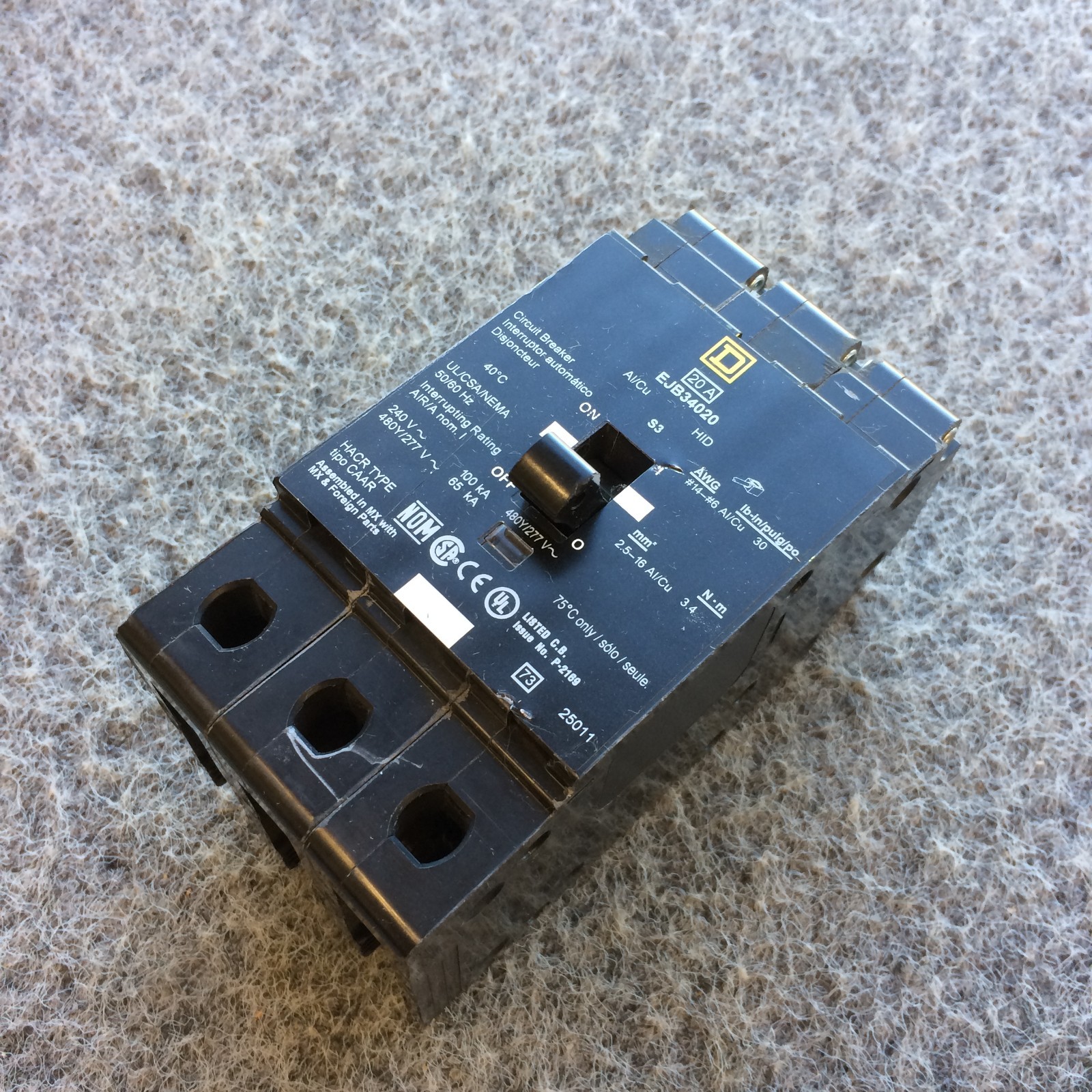 NEW TAKEOUT SQUARE D EJB34020 3-Pole 480 Volt 20 Amp Bolt-On Circuit Breaker