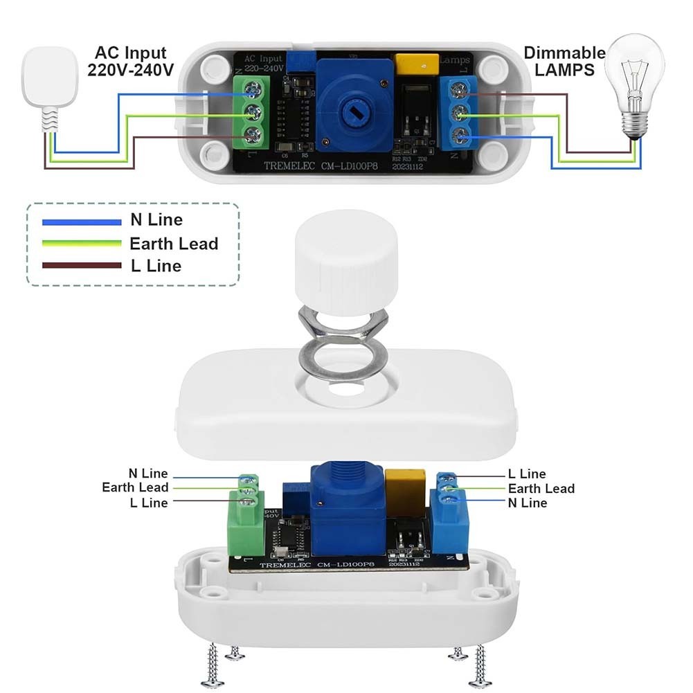 1pc LED Dimmer Switch,220V-240V Push ON/OFF Rotary Dimming,Inline Dimmer Switch