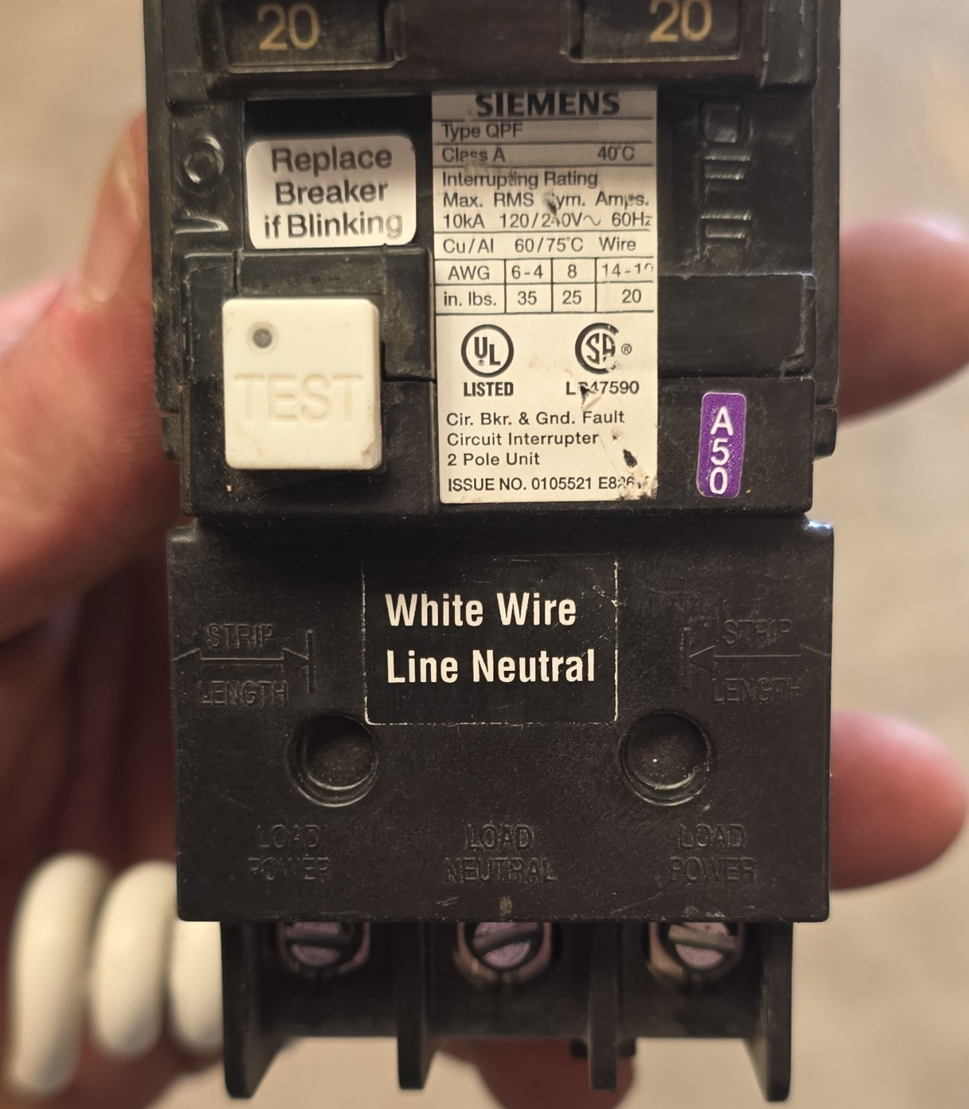 Siemens QPF2 20A 2-Pole 120/240V AFCI Circuit Breaker Test Button