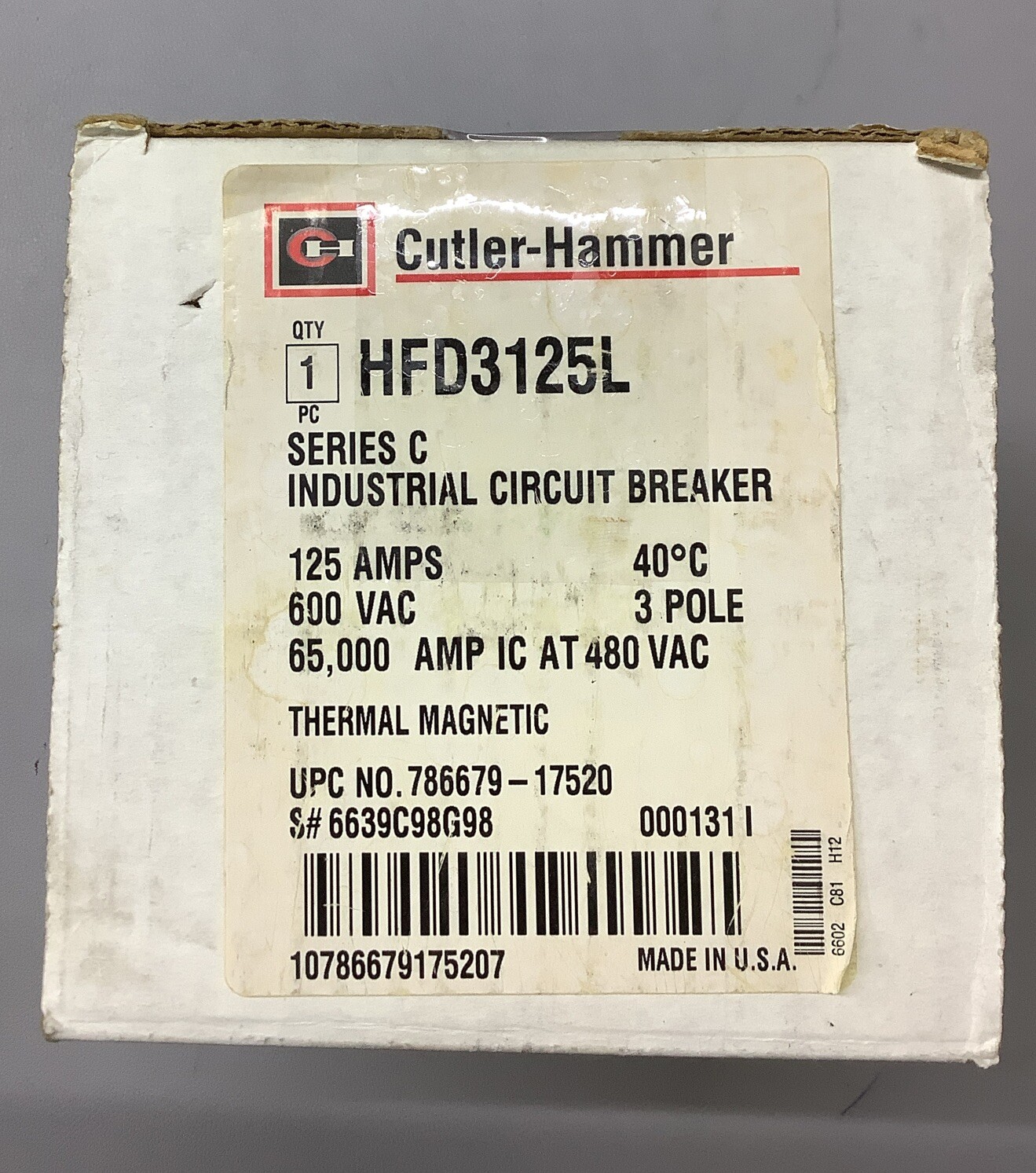 Cutler-Hammer HFD3125L Circuit Breaker 125A 600VAC (b267)