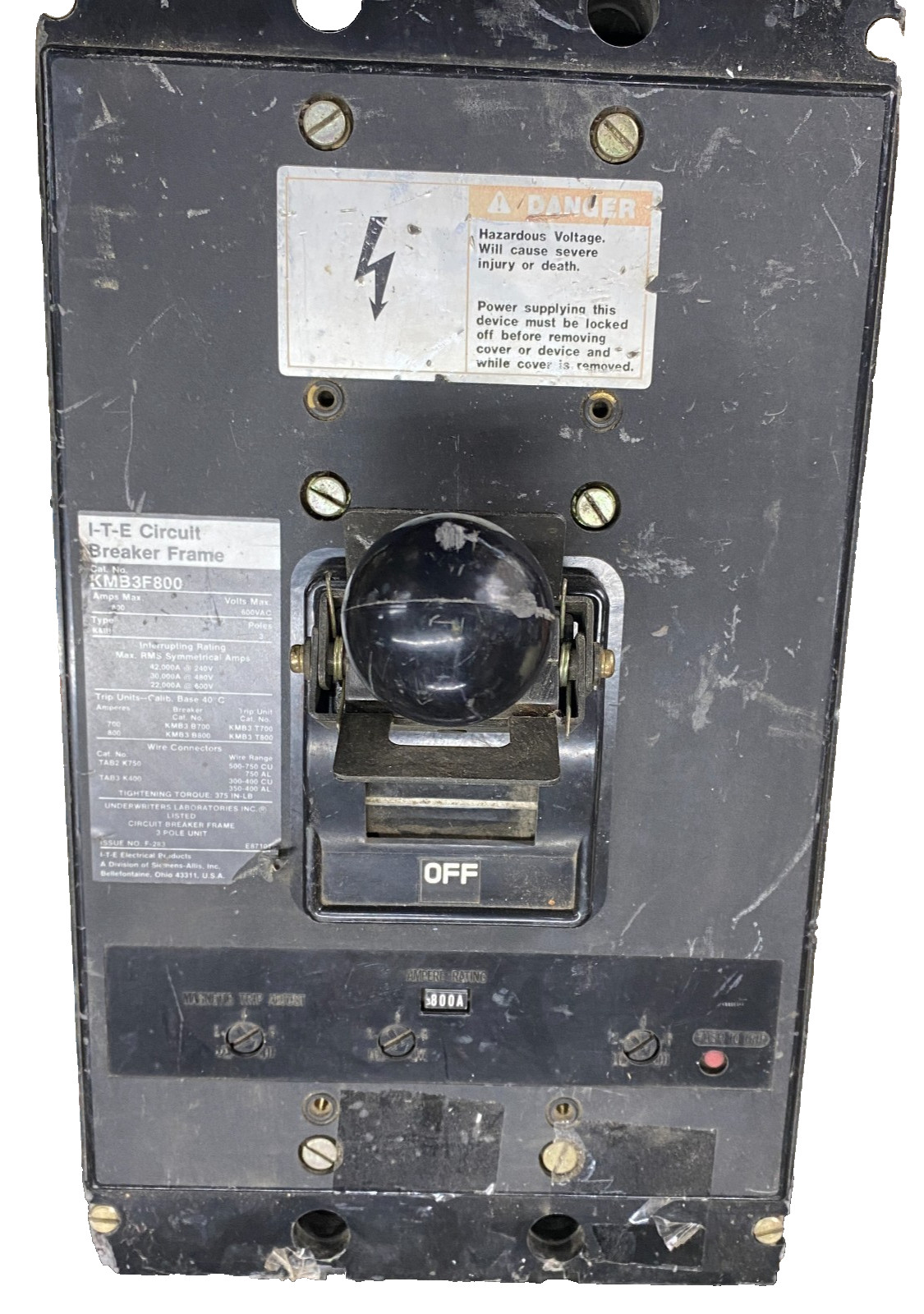 ITE KMB3F800 Circuit Breaker Frame 3 Pole 800 Amp Type KMB 600VAC Siemens ✅