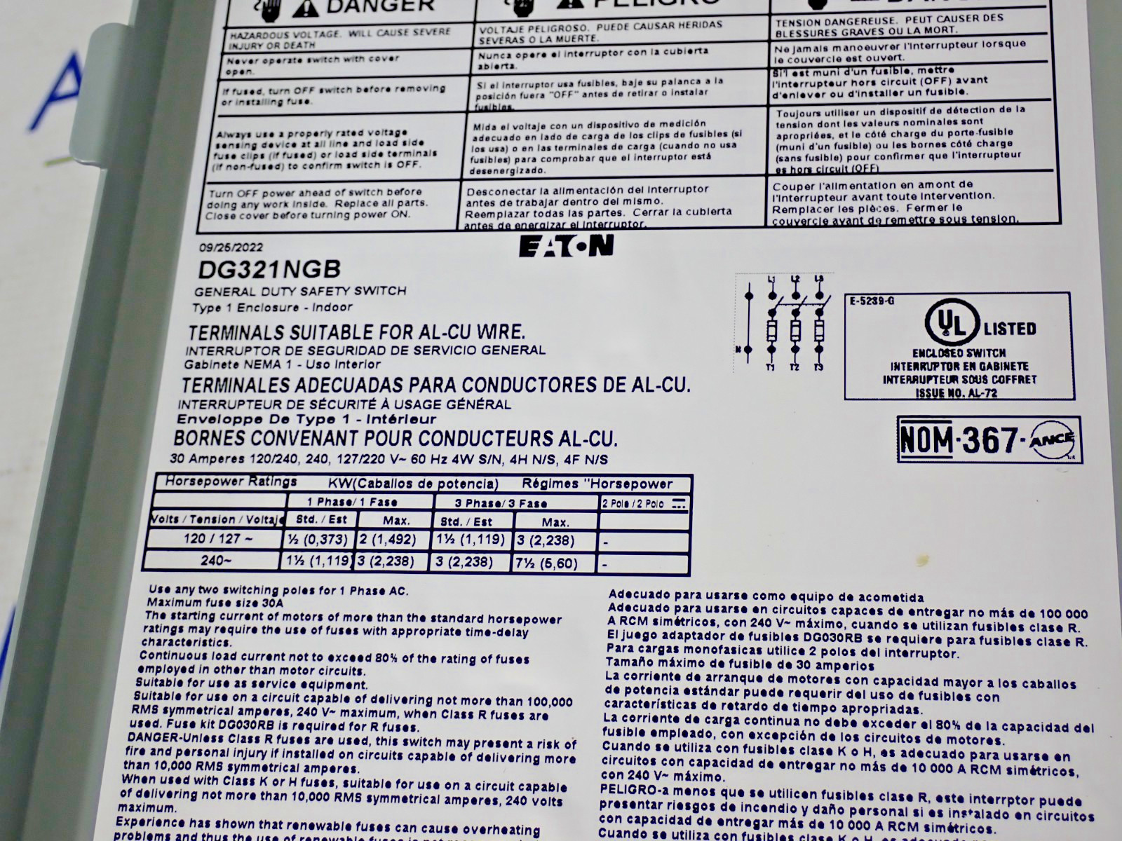 Eaton DG321NGB Disconnect Fusible 30 Amp 240V NEMA 1 Tested D890
