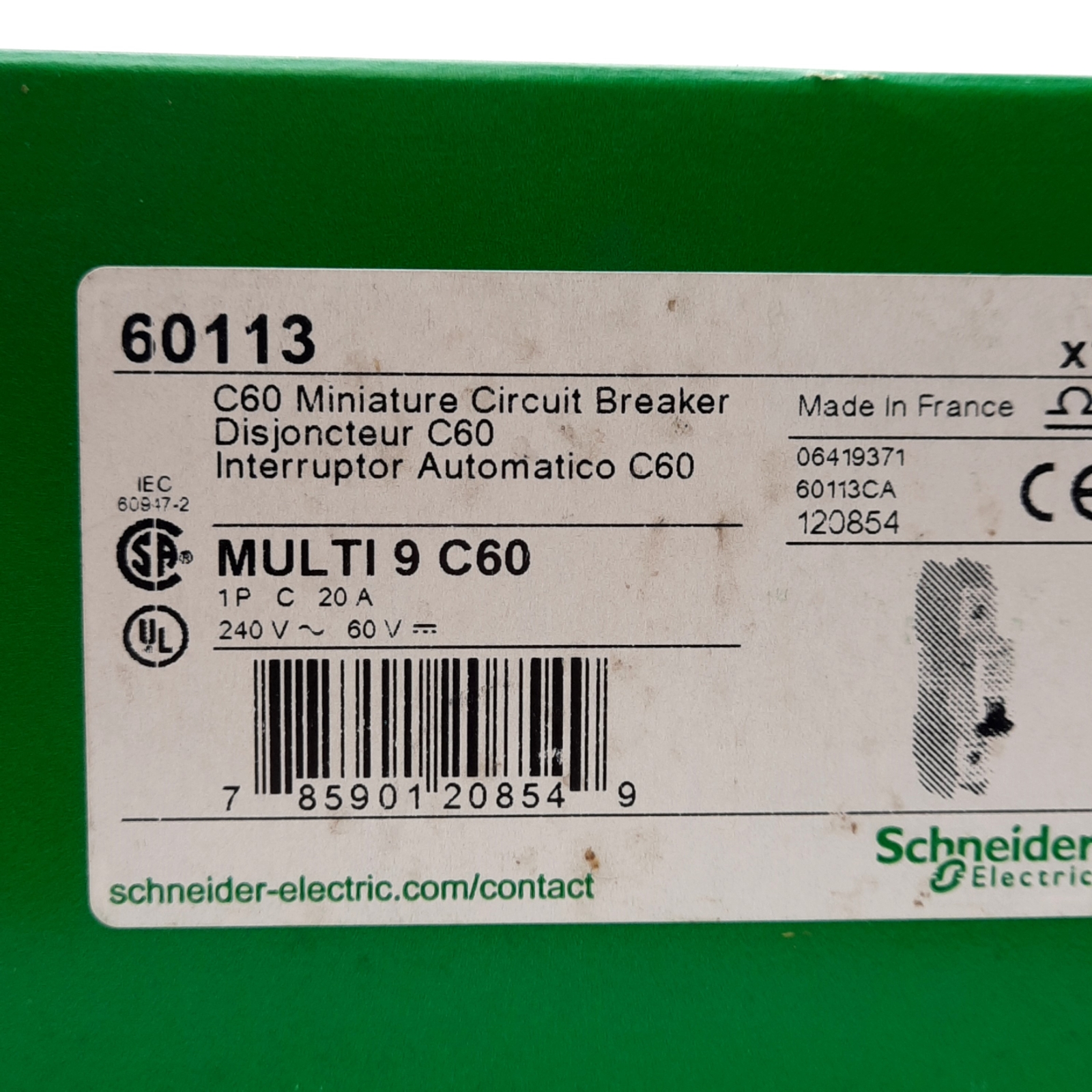 Schneider Electric 60113 Circuit Breaker, C-Curve, 20A 240VAC/60VDC, DIN Rail