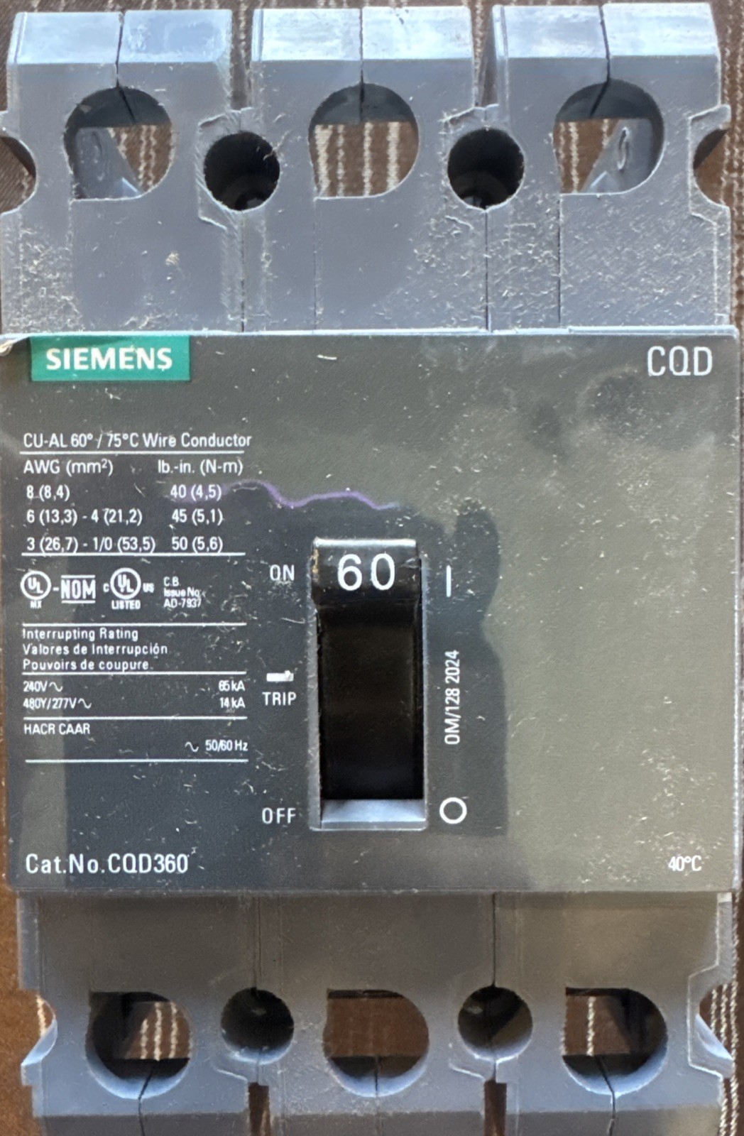 Siemens CQD360 60-Amp Three Pole 480/277V AC 14KAIC Cable In/Cable Out Breaker