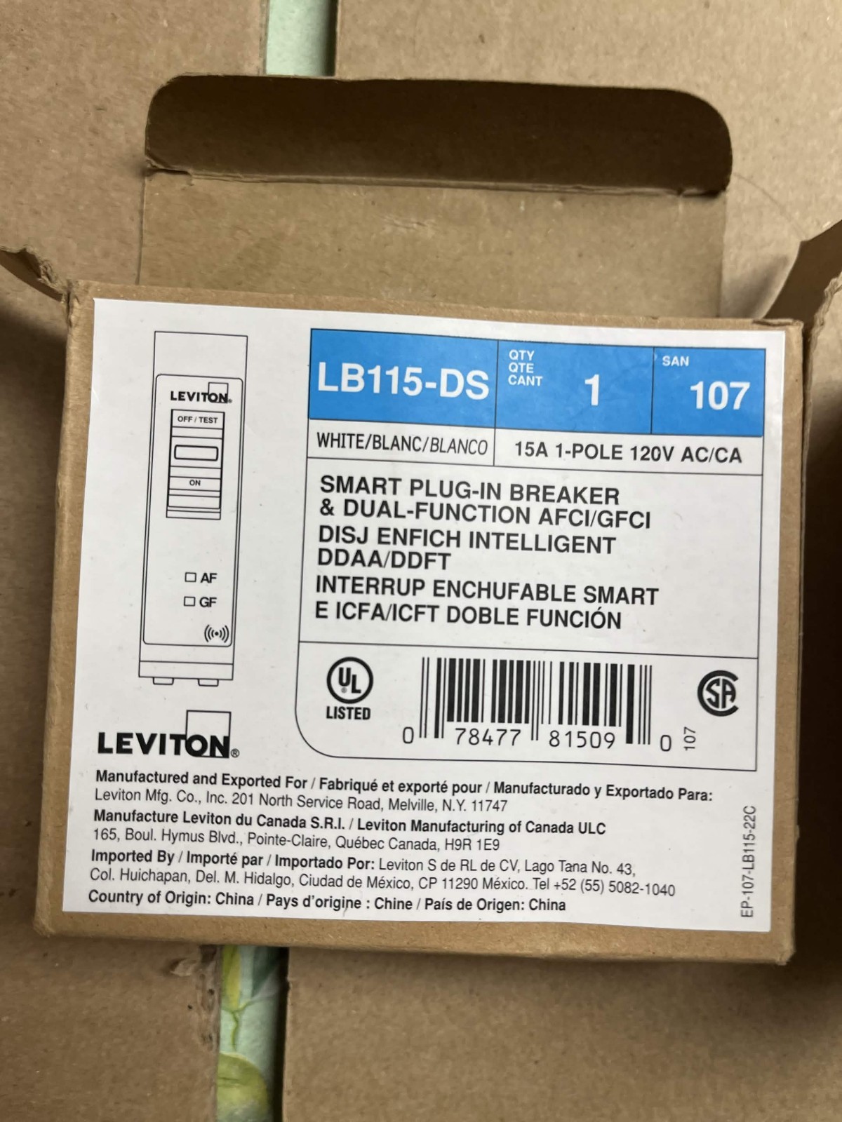 New Open Box Leviton LB115-DS 15 Amp 1-Pole Smart Dual Function AFCI/GFCI Breake