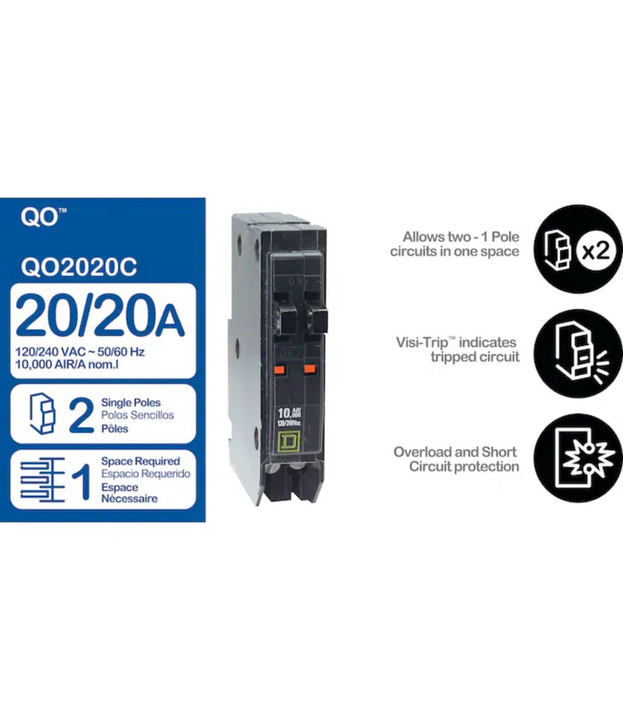 Square D Schneider QO 20 Amp 1- Pole Tandem Circuit Breaker QO2020C