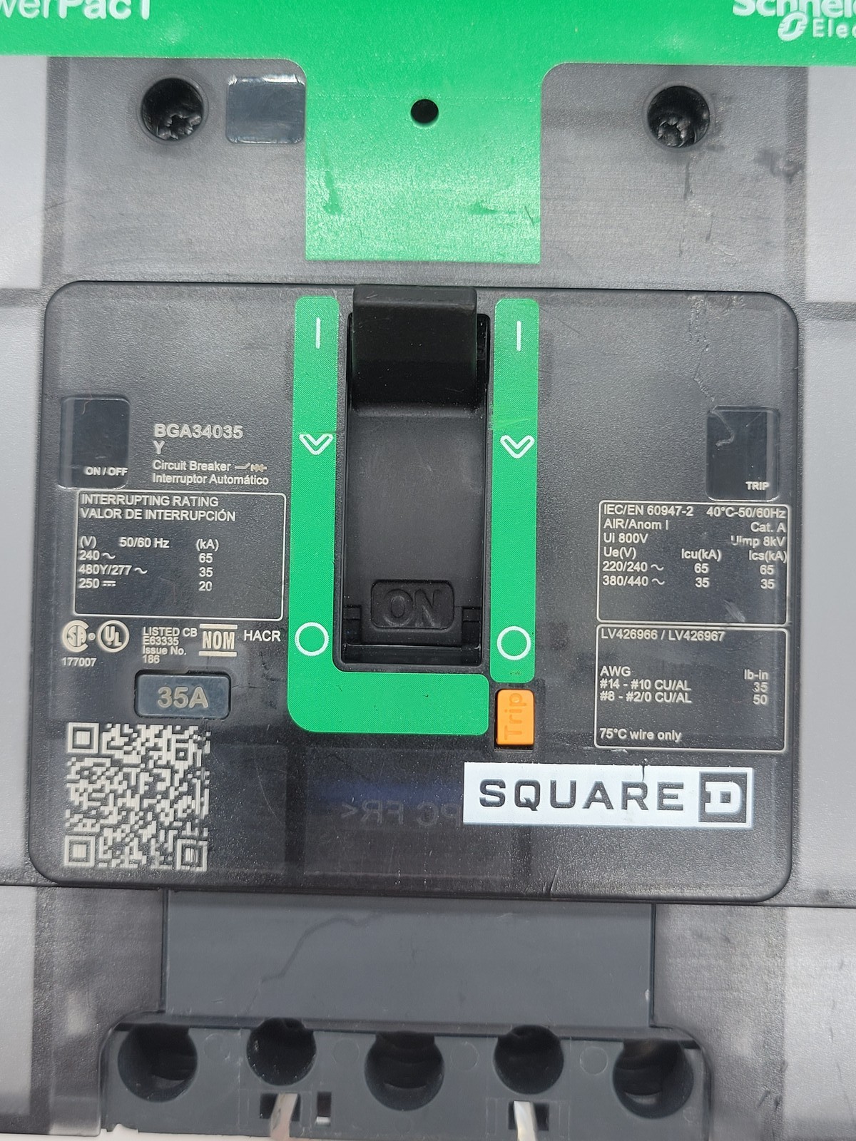 Square D BGA34035Y PowerPact I-Line Circuit Breaker 35A 3P 3PH 480V BG35