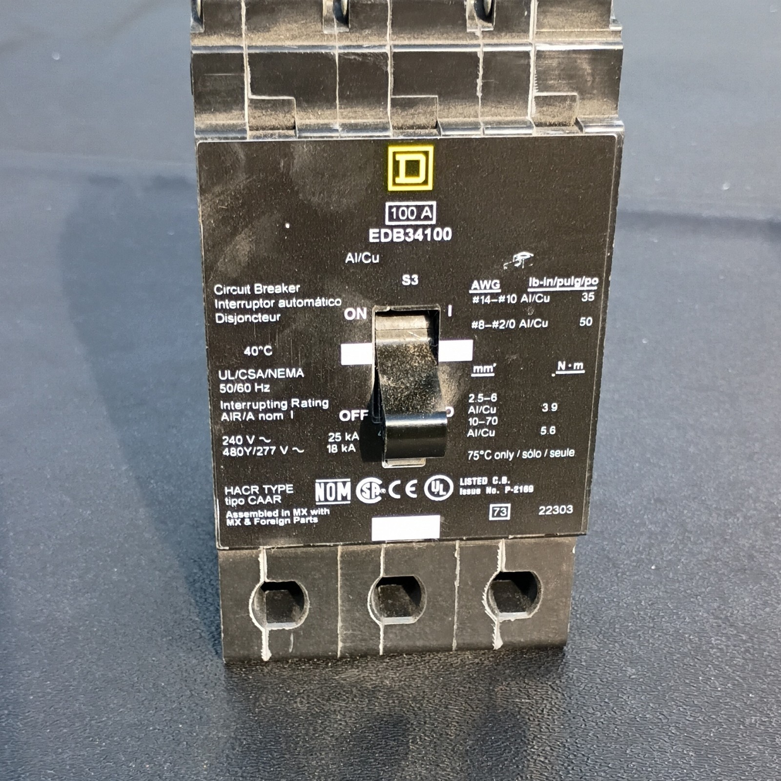 Square D EDB34100 Thermal Magnetic Circuit Breaker 100A 3-Pole 480Y/277V