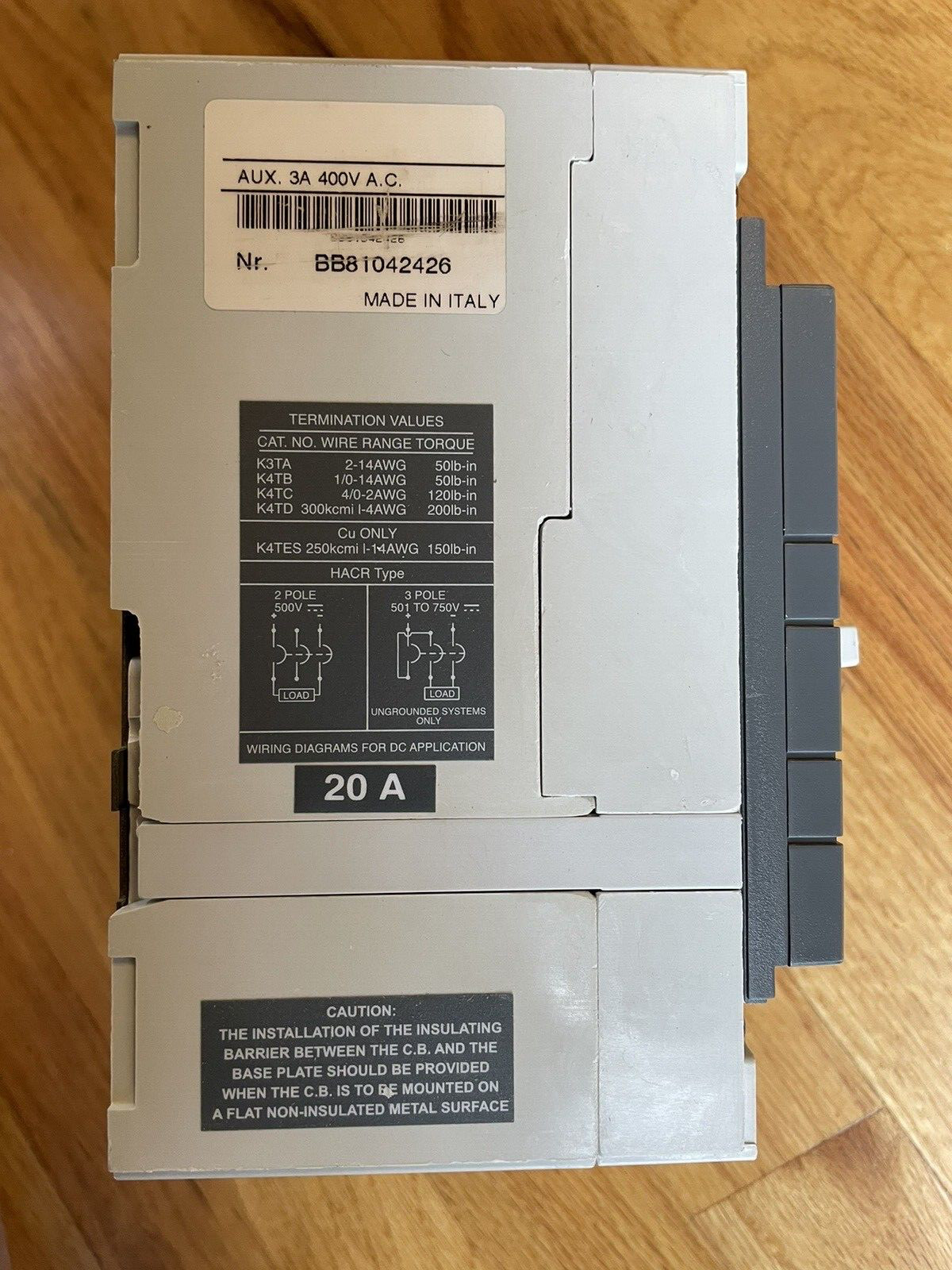 ABB / SACE – S3N020TWA 20Amp 3 Pole Circuit Breaker – NEW Made in Italy