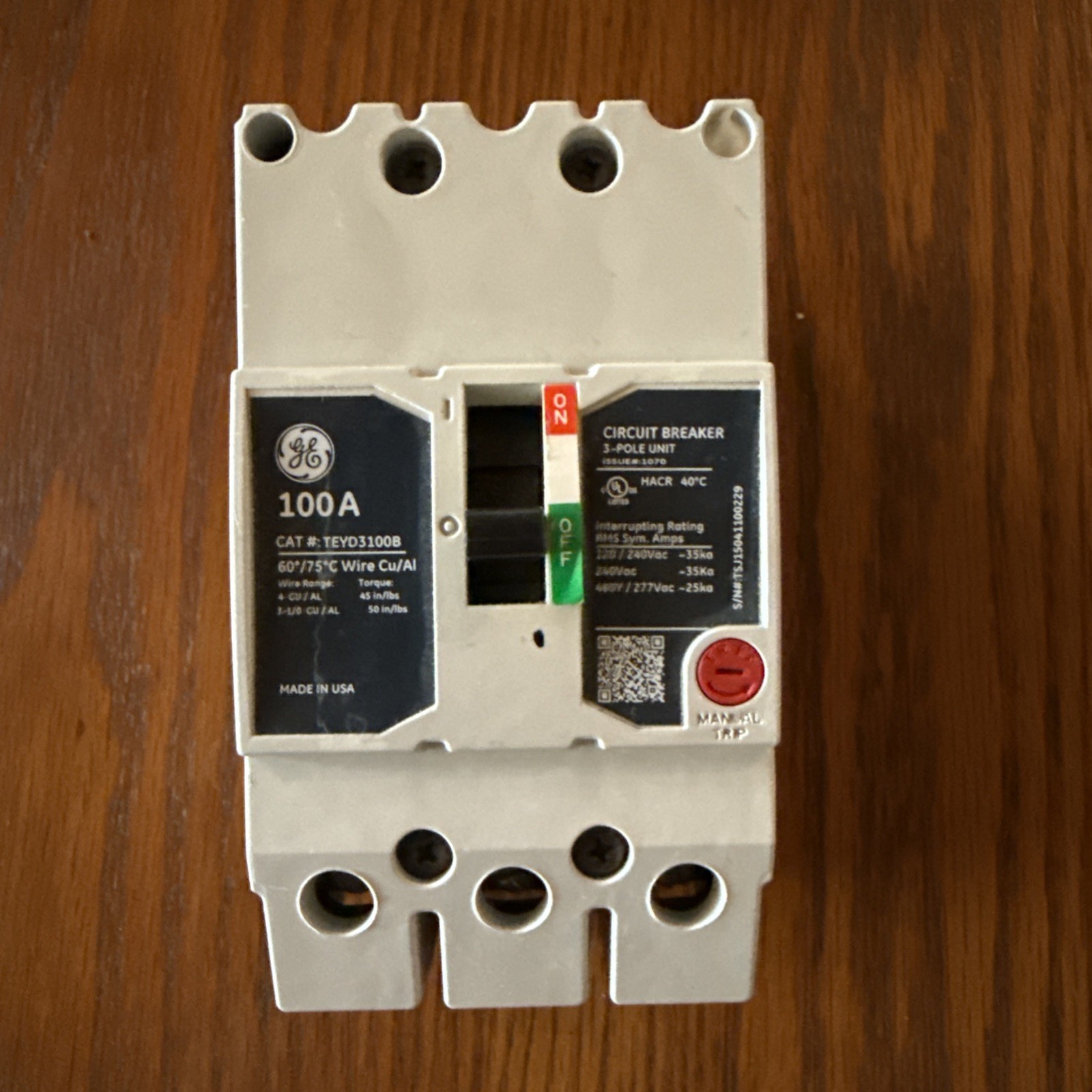 General Electric GE TEYL3100B 100 Amp 3 Pole 120/240 VAC 100 kA Circuit Breaker