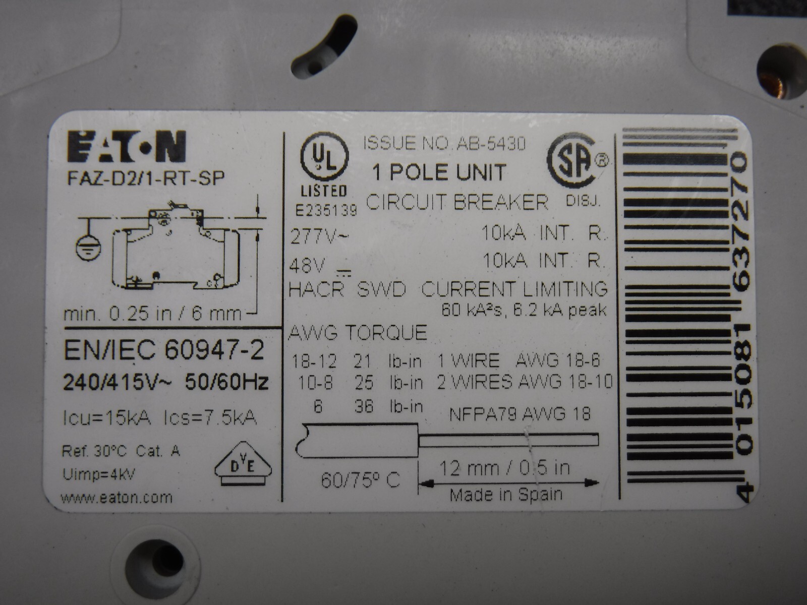 Eaton FAZ-D2/1-RT-SP EN/IEC 60947-2 240/415V~ 50/60Hz Pole Units Circuit Breaker