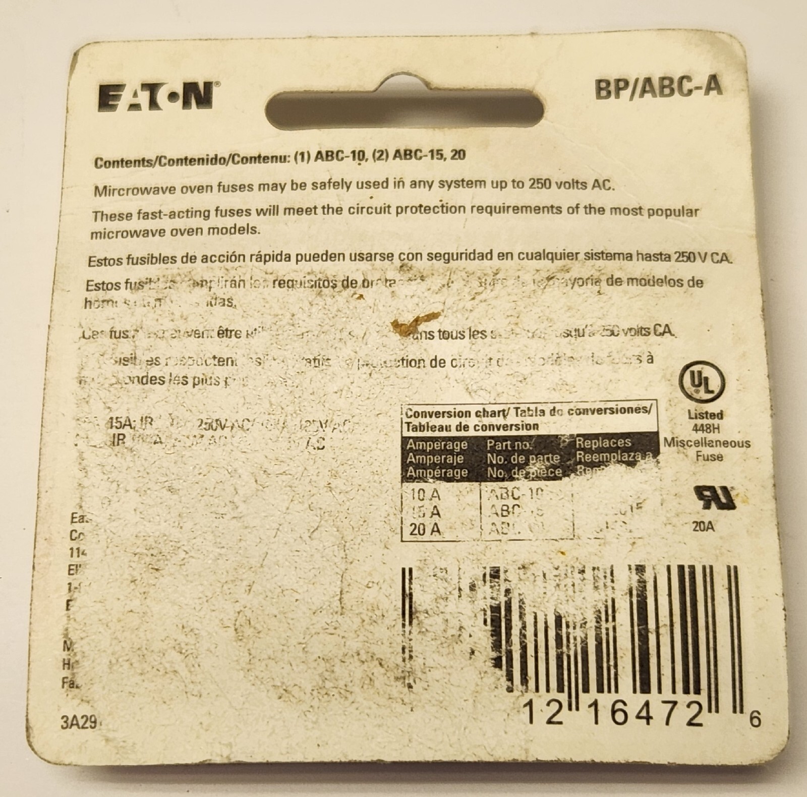 PACK OF 5 COOPER BUSSMANN BP ABC-A MICROWAVE OVEN Fuse Assortment ABC 10 AMP