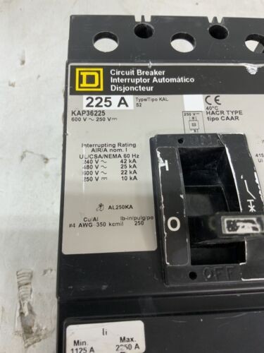 Square D KAP36225 Circuit Breaker 225A 3P 600V 3PH KAP 225 Amp 3 Pole Used