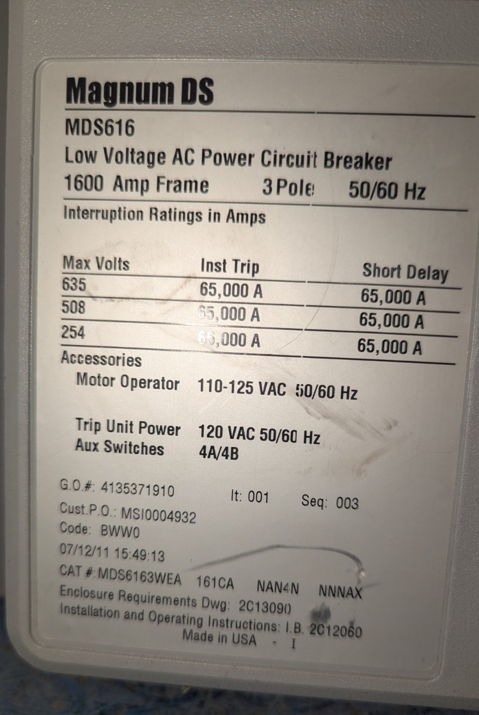 EATON CUTLER-HAMMER MAGNUM DS MDS6163WEA 1600AMP LOW VOLTAGE AC CIRCUIT BREAKER