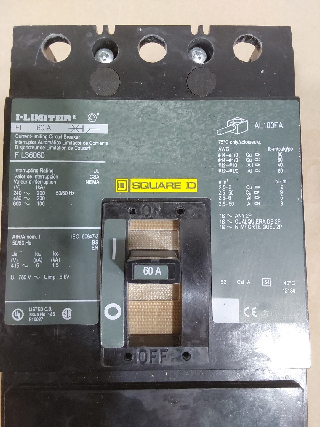 Square D FIL36060 60A I-Limiter Circuit Breaker 600V 3 Pole FIL-36060 SqD 60 Amp