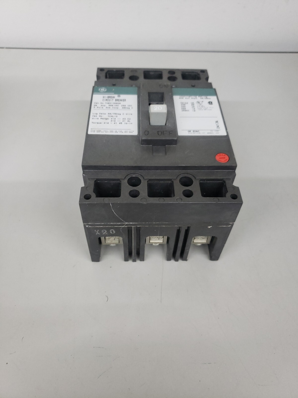 GE THED136020 CIRCUIT BREAKER 20 AMP 600V 3 POLE GREEN LABEL EXCELLENT CONDITION