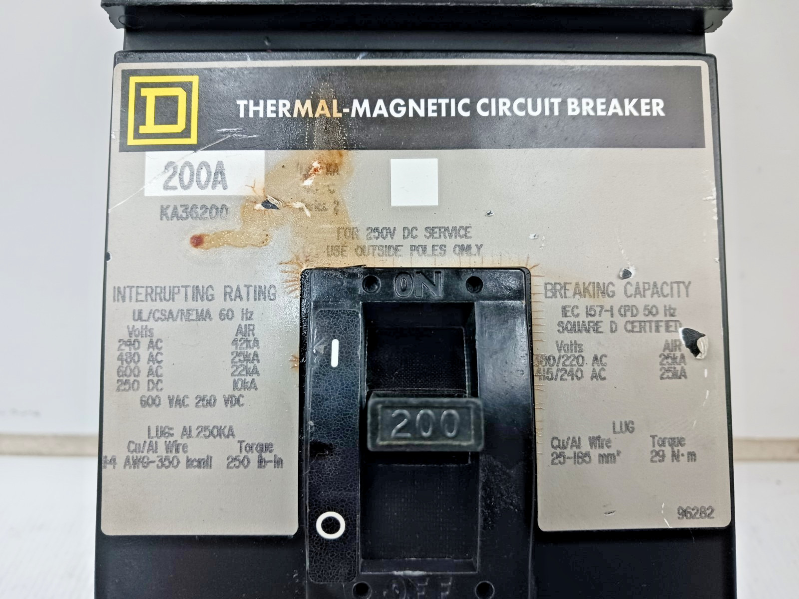 Square D 200 Amp I-Line Circuit Breaker 3 Pole 600 VAC / 250 VDC KA36200