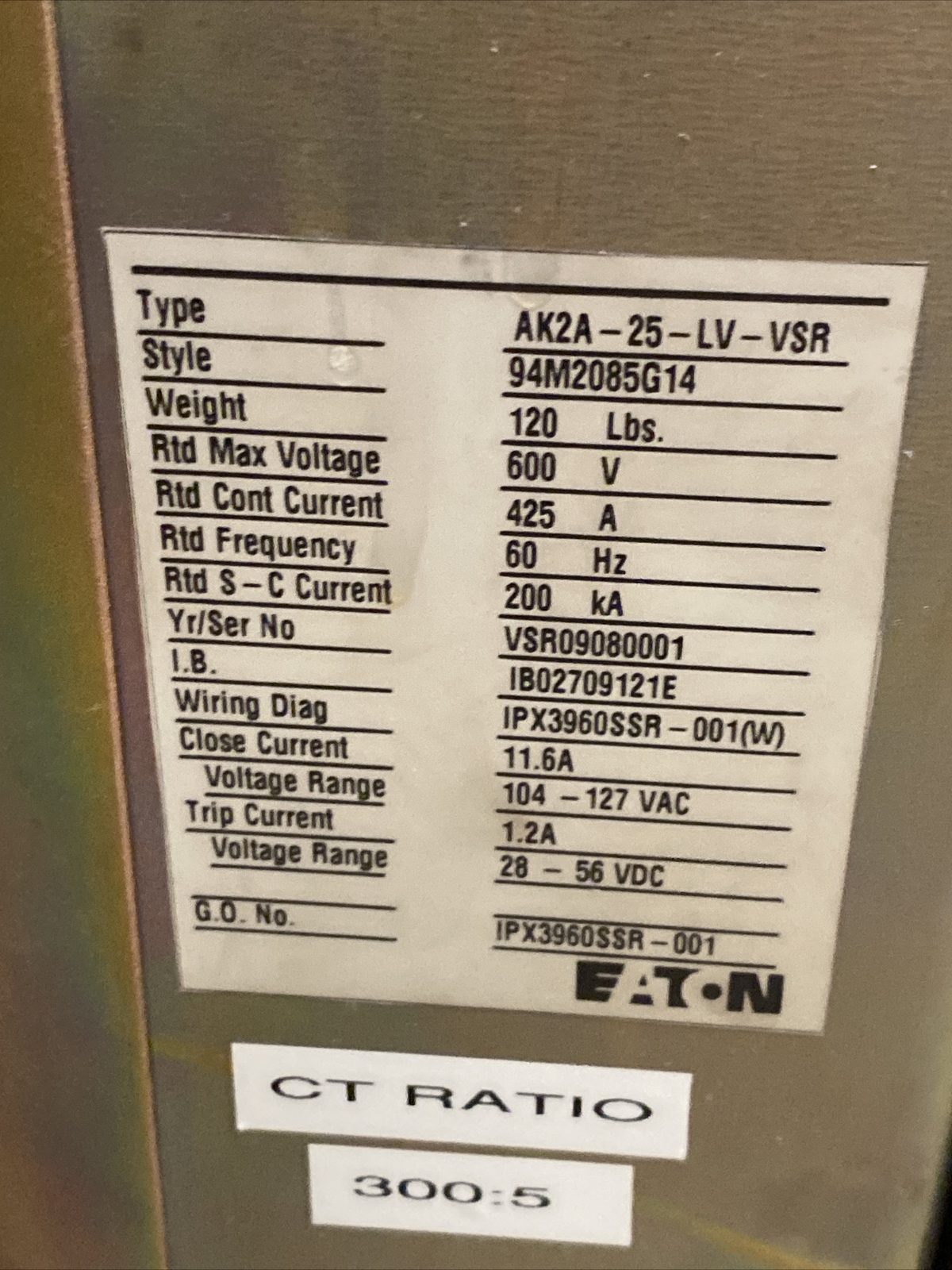 Refurb Eaton AK2A-25-LV-VSR 94M2085G14 425a Amp 600v-ac Circuit Breaker Starter