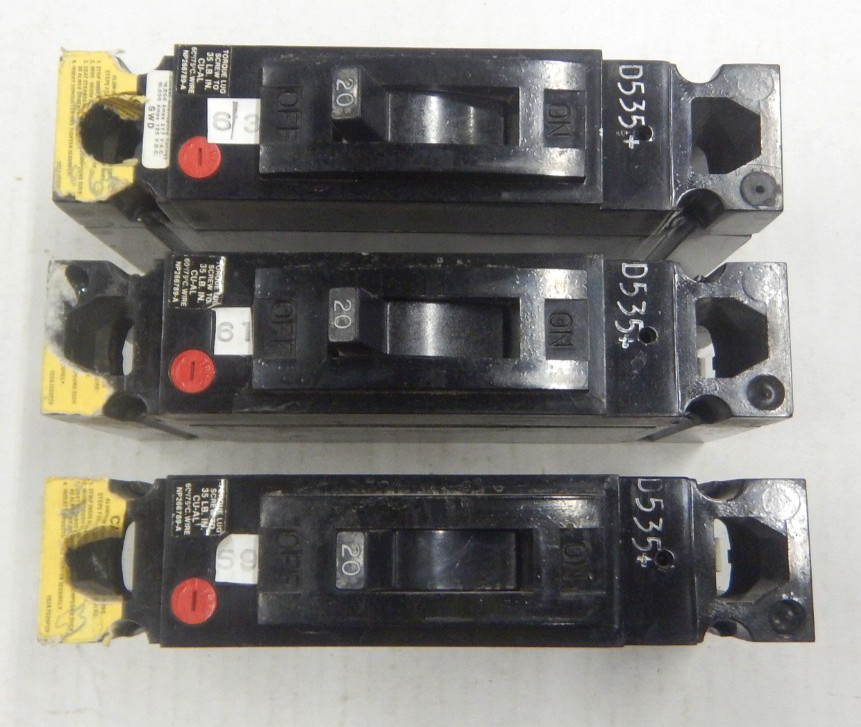 (3) GE TED113020 Molded Case Circuit Breaker 1 Pole 20 AMP 277v USED