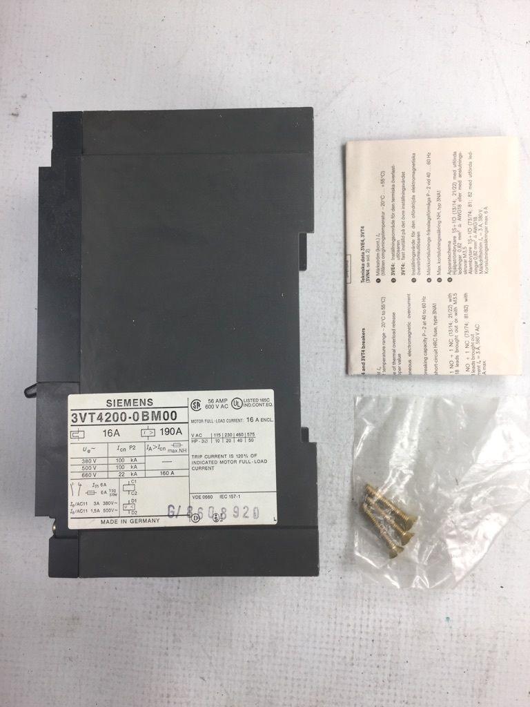 Siemens 3VT4200-0BM00 Circuit Breaker 3 Pole 16 Amps 600V – New