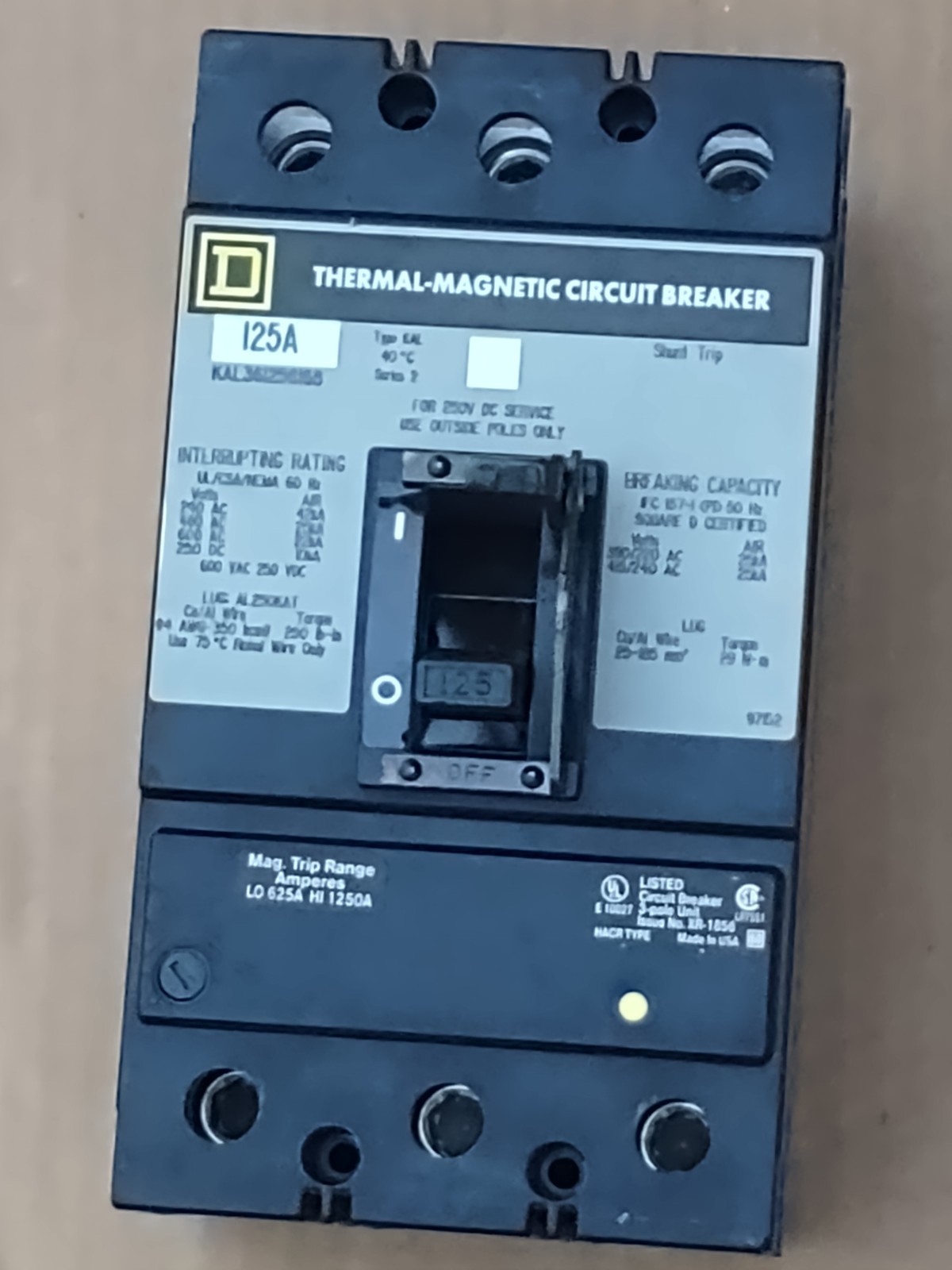 Square D KAL361256168 125A 3P Thermal-Magnetic Circuit Breaker Shunt Trip
