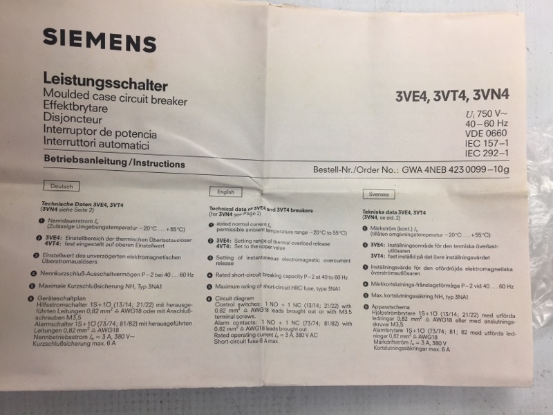 Siemens 3VT4200-0BM00 Circuit Breaker 3 Pole 16 Amps 600V – New