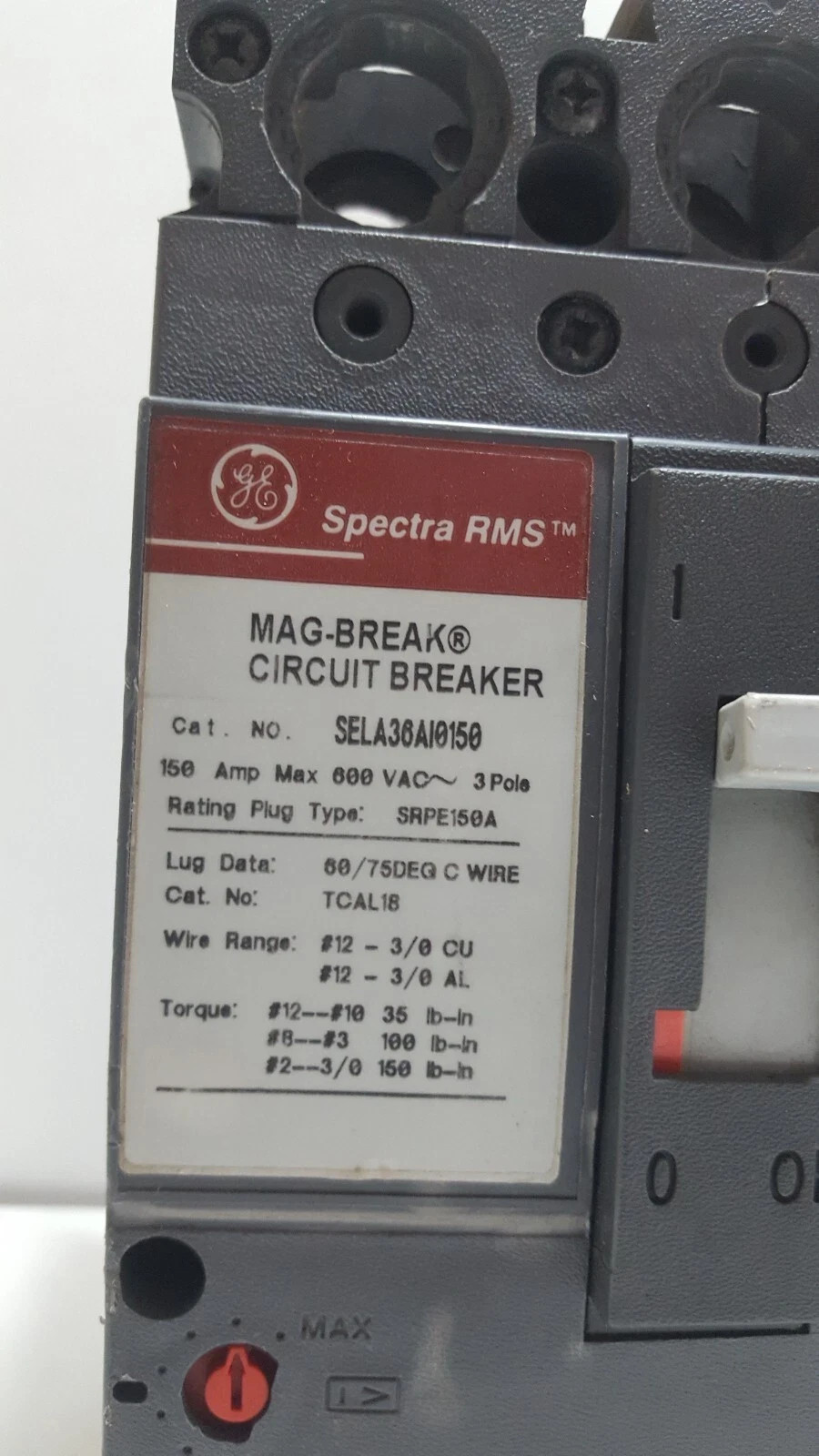 GE SELA36AI0150 RMS MAG-BREAK 3 POLE 150 AMPS CIRCUIT BREAKER / USED