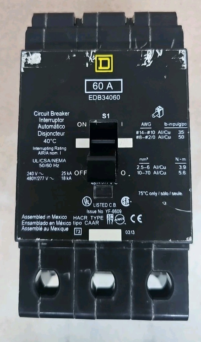 Square D EDB34060 60 Amp 3 Pole 277/480V EDB Circuit Breaker Bolt on See pics