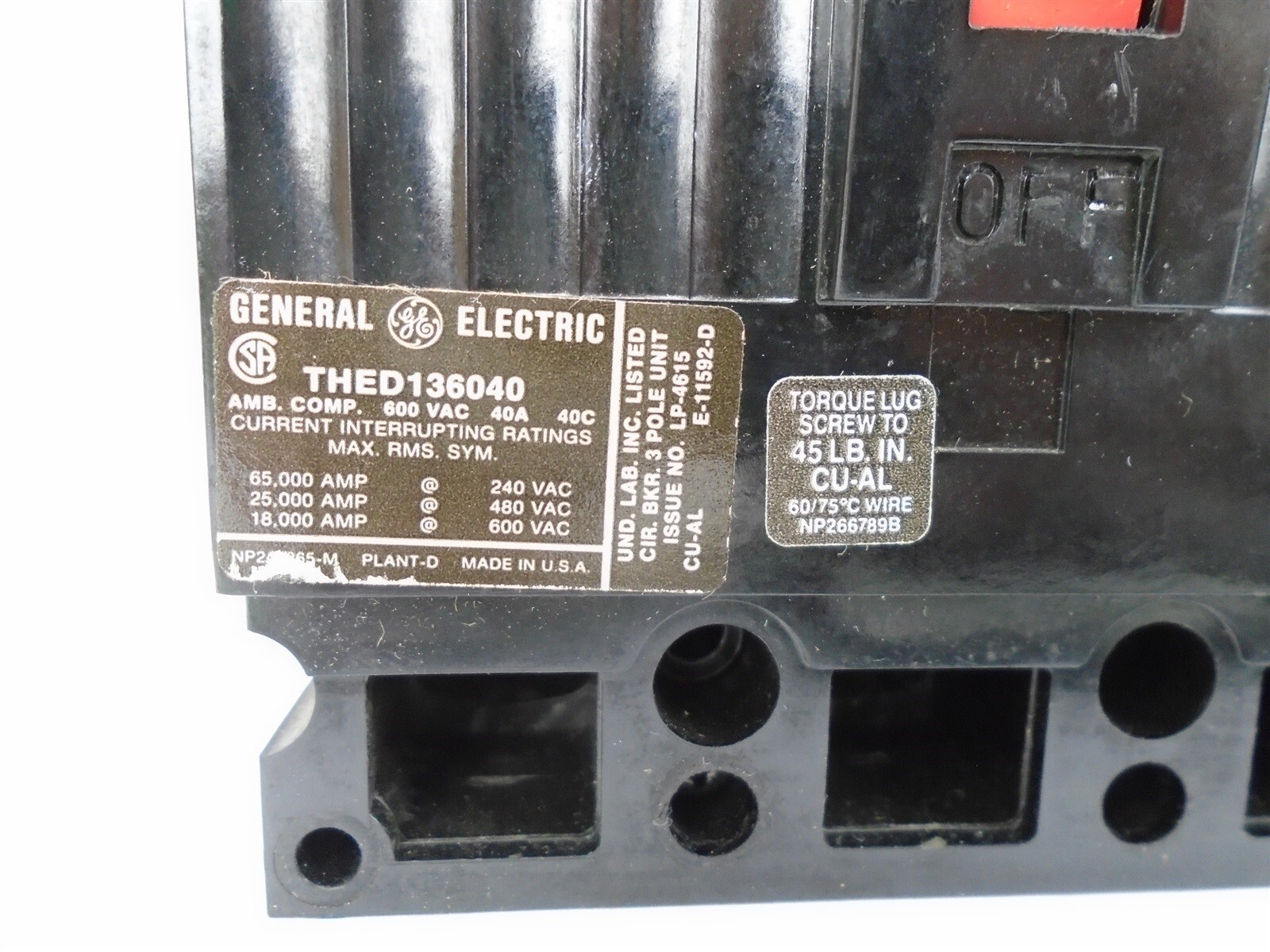 GE – THED136040WL – 40A – 3 Pole – 240-600 VAC – w/EXTERNAL RESISTOR 20k Ω 25W