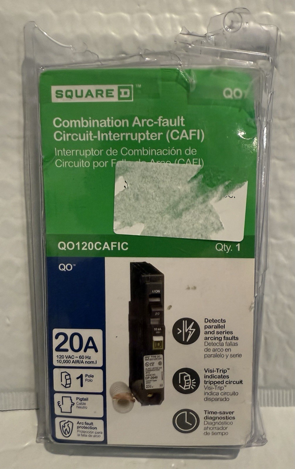 Square D QO120CAFIC 20A 1 Pole Mini Circuit Breaker – Black with diagnostics OB