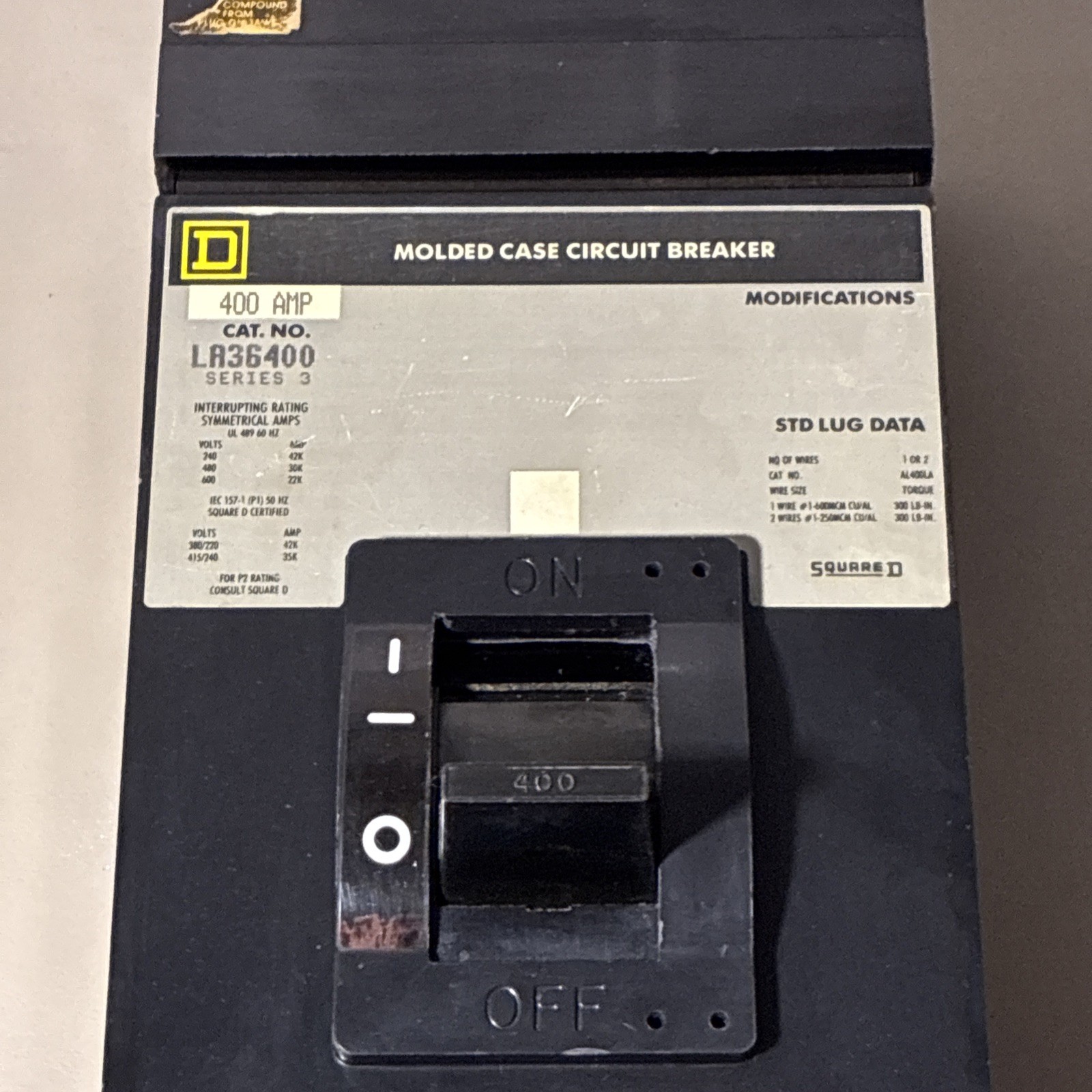 Square D LA36400 3 Pole 400 Amp 600 Vac I-Line Circuit Breaker