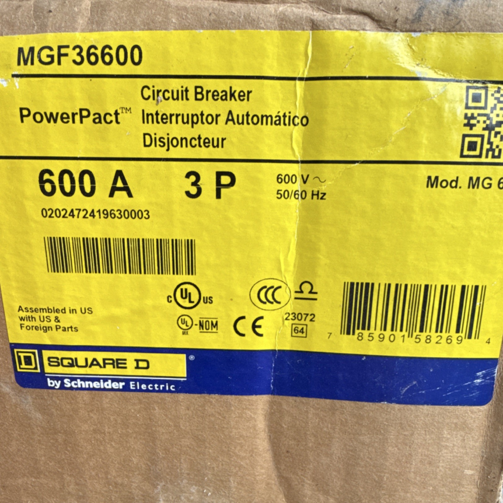 Square D MGF36600 PowerPact Circuit Breaker 600A 3P 600V AC Branch