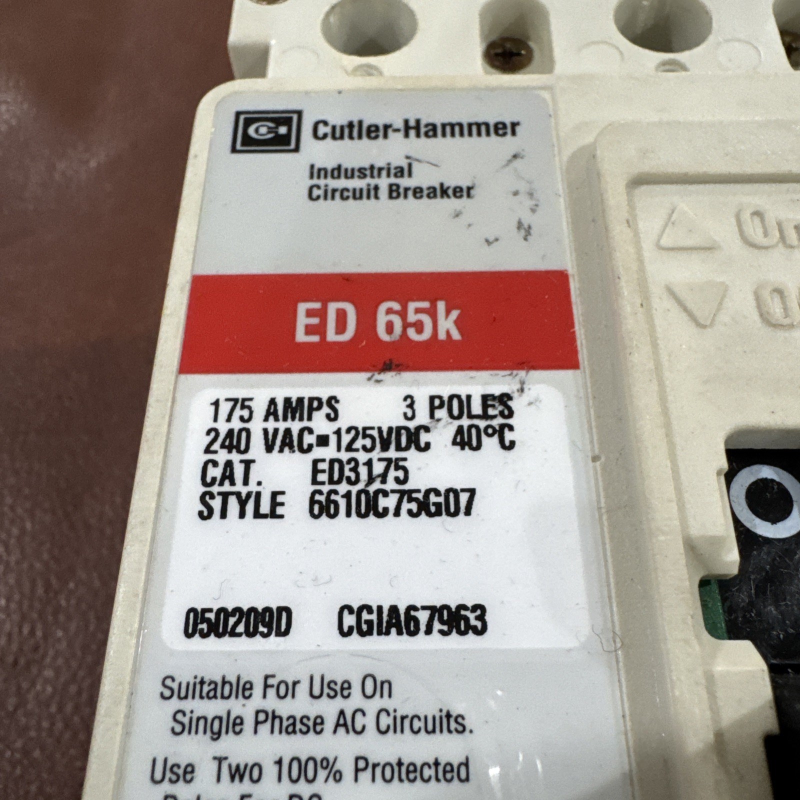 Eaton Cutler Hammer 175A 3 Pole ED3175 Circuit Breaker 3P 175 Amp 240V ED 65k