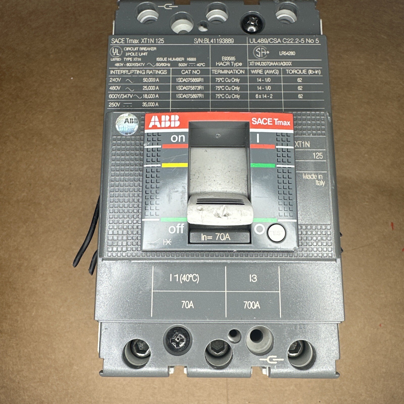 ABB SACE TMAX XT1N-125 CIRCUIT BREAKER 70 AMP 600 VAC IEC60947-2