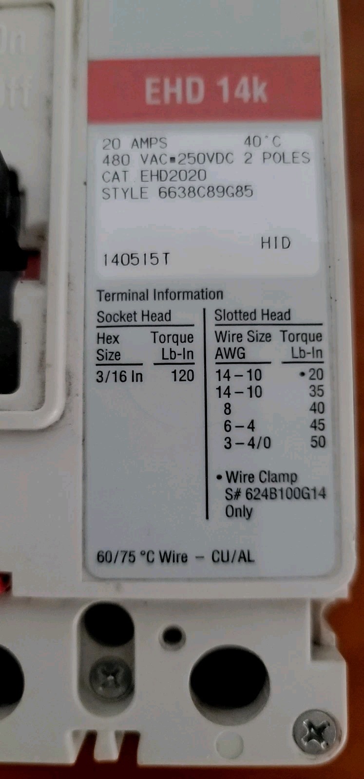 Eaton Cutler-Hammer EHD2020 Circuit Breaker EHD14K 20A, 2P, 480 VAC 250 VDC