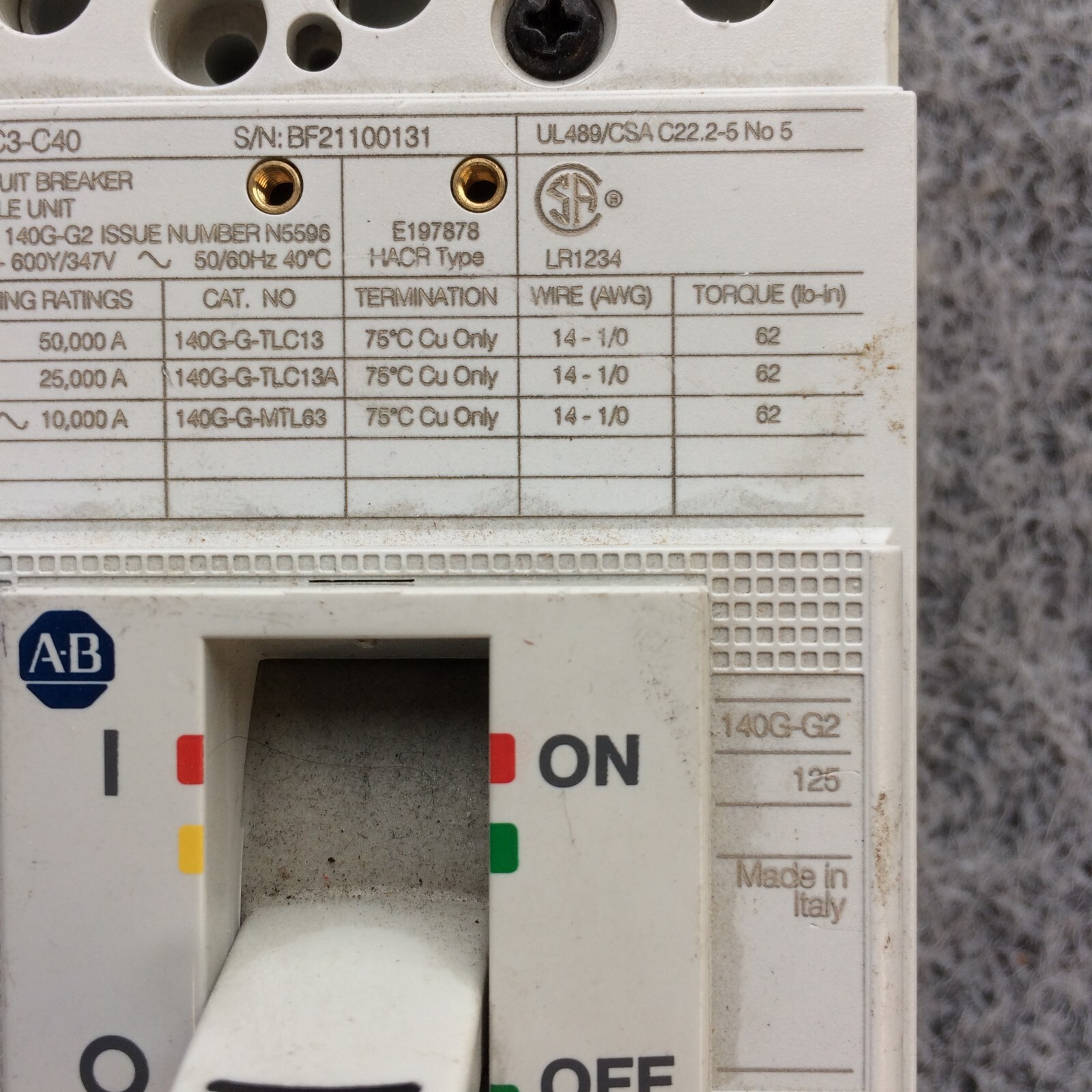 140G-G2C3-C40 Allen-Bradley 3-Pole 480V Molded Case Circuit Breaker
