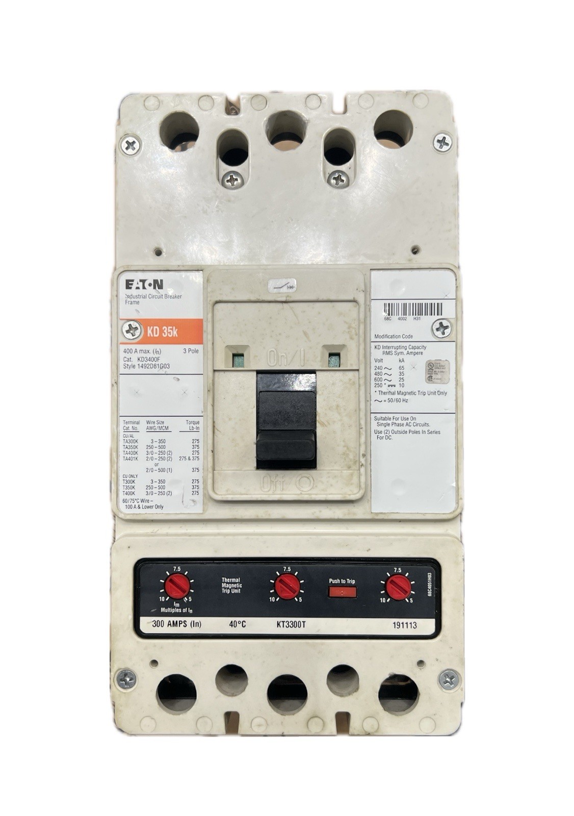 EATON KD3400F CIRCUIT BREAKER 300 AMP TRIP UNIT 600V 3-POLE USED FREE SHIPPING!!