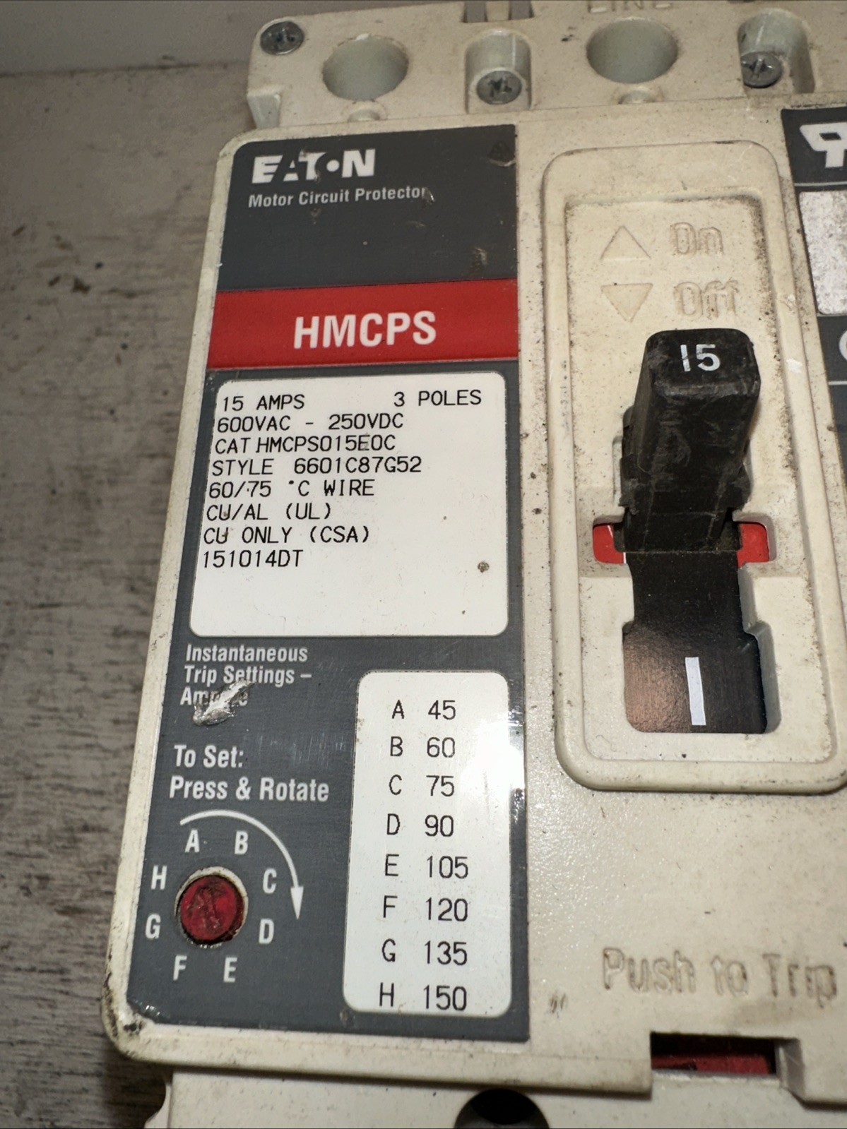Tested EATON /Cutler Hammer HMCP015EOC 15 Amp 600 Volt 3 Pole Circuit Breaker