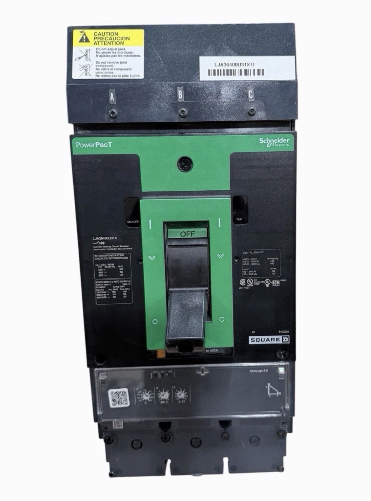 Schneider Electric PowerPact LJA36400U31X 400A 3-Pole 600VAC Main Breaker NNB