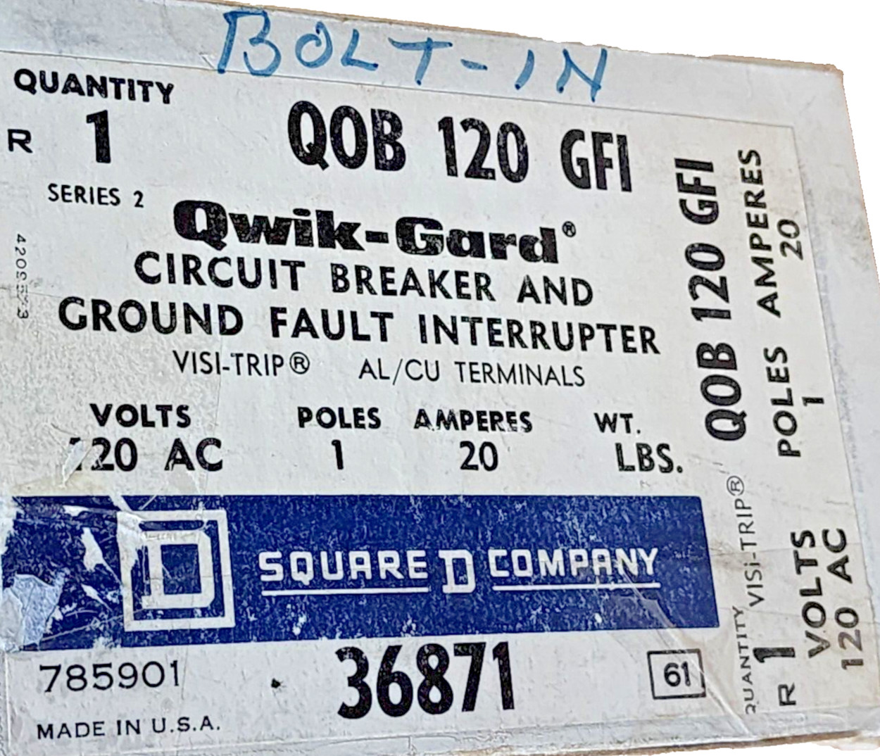 Square D QOB120GFI, 20 Amp 120Vac 1 Pole Bolt-In Ground Fault Breaker