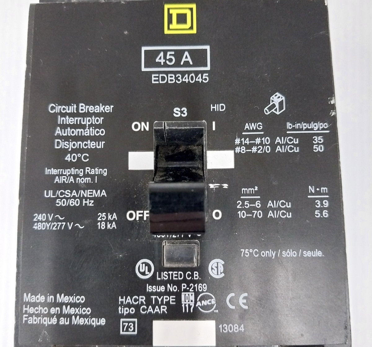 Square D 45 Amp Bolt-On Circuit Breaker 480Y/277 VAC 3 Pole EDB34045