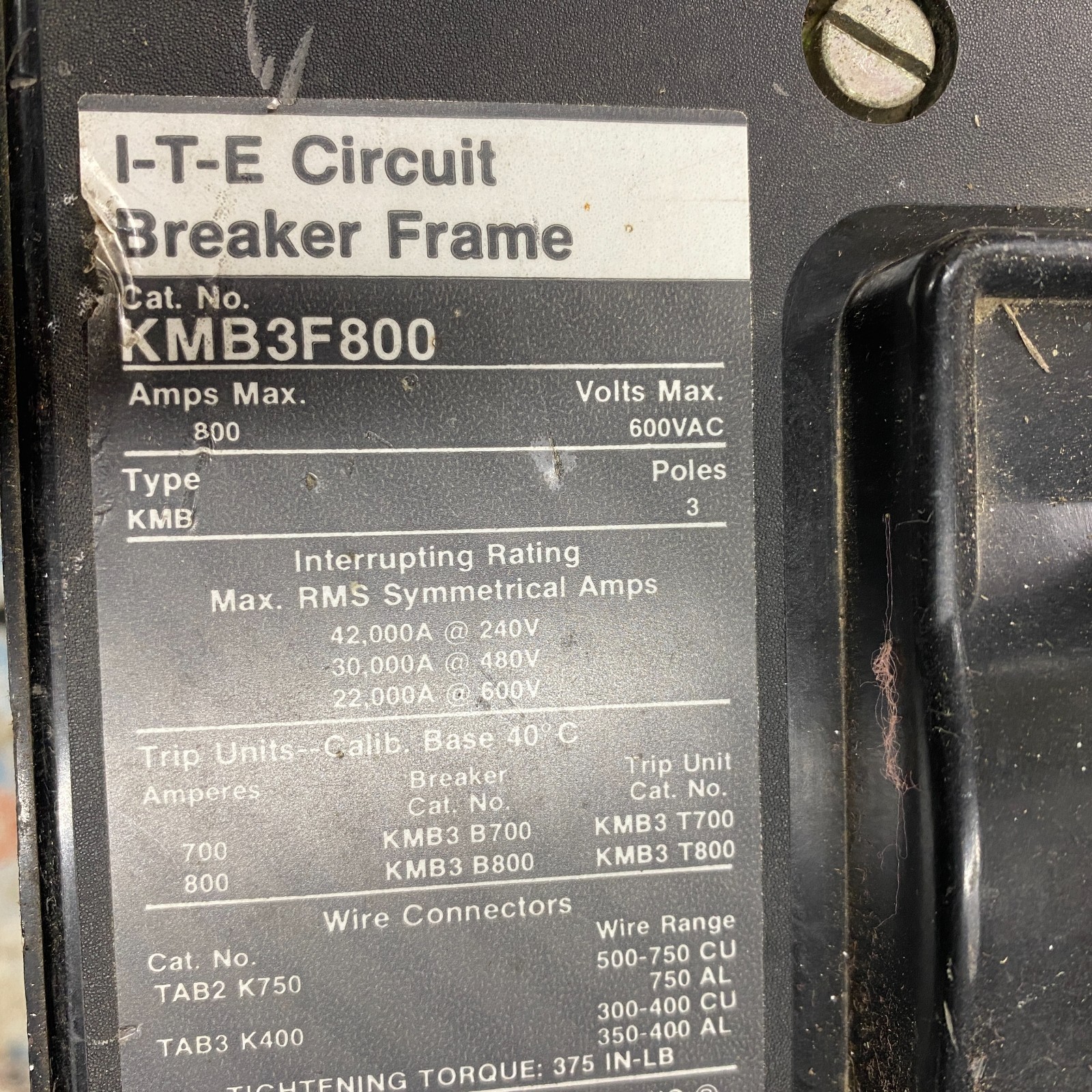 ITE KMB3F800 Circuit Breaker Frame 3 Pole 800 Amp Type KMB 600VAC Siemens ✅