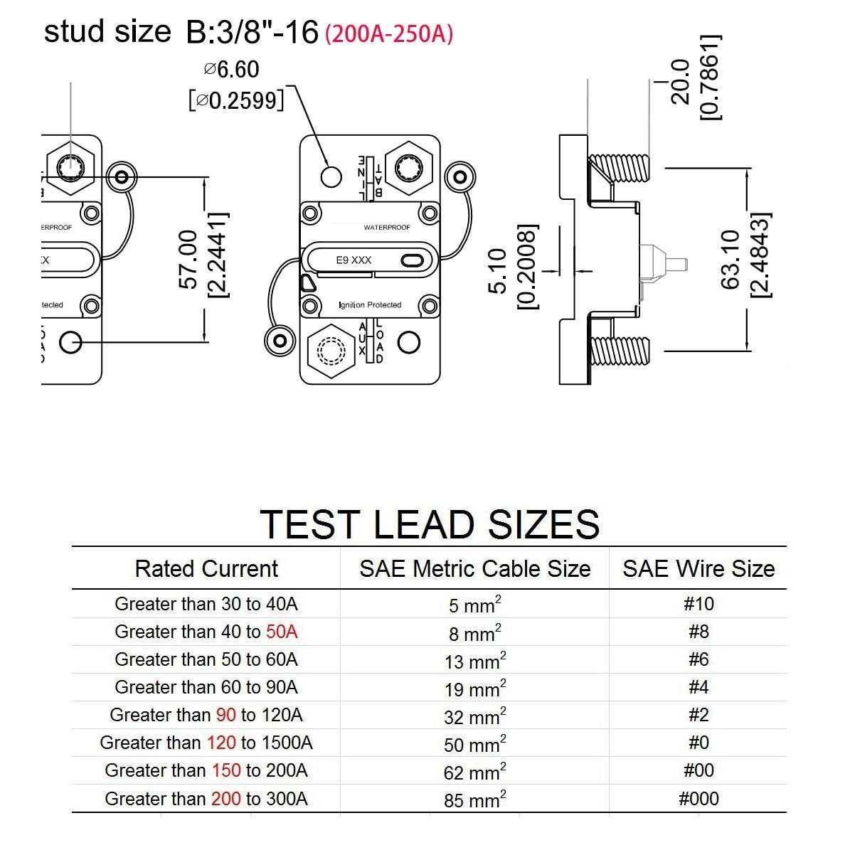 E9 3/8″ Studs 200 Amp Circuit Breaker with Manual Reset 12V- 48V,IP67 Waterproof