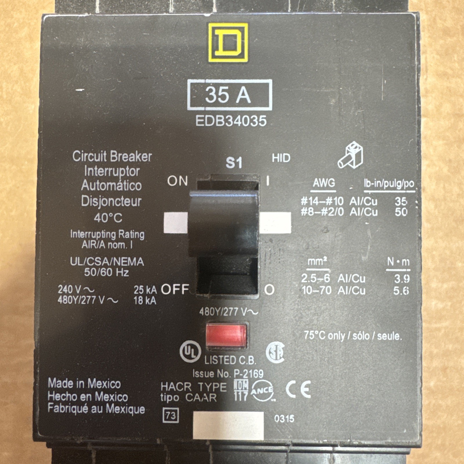 SQUARE D EDB34035 BREAKER BOLT IN 35AMP 3POLE 480Y/277VOLT AC (NEW-NOT IN BOX)
