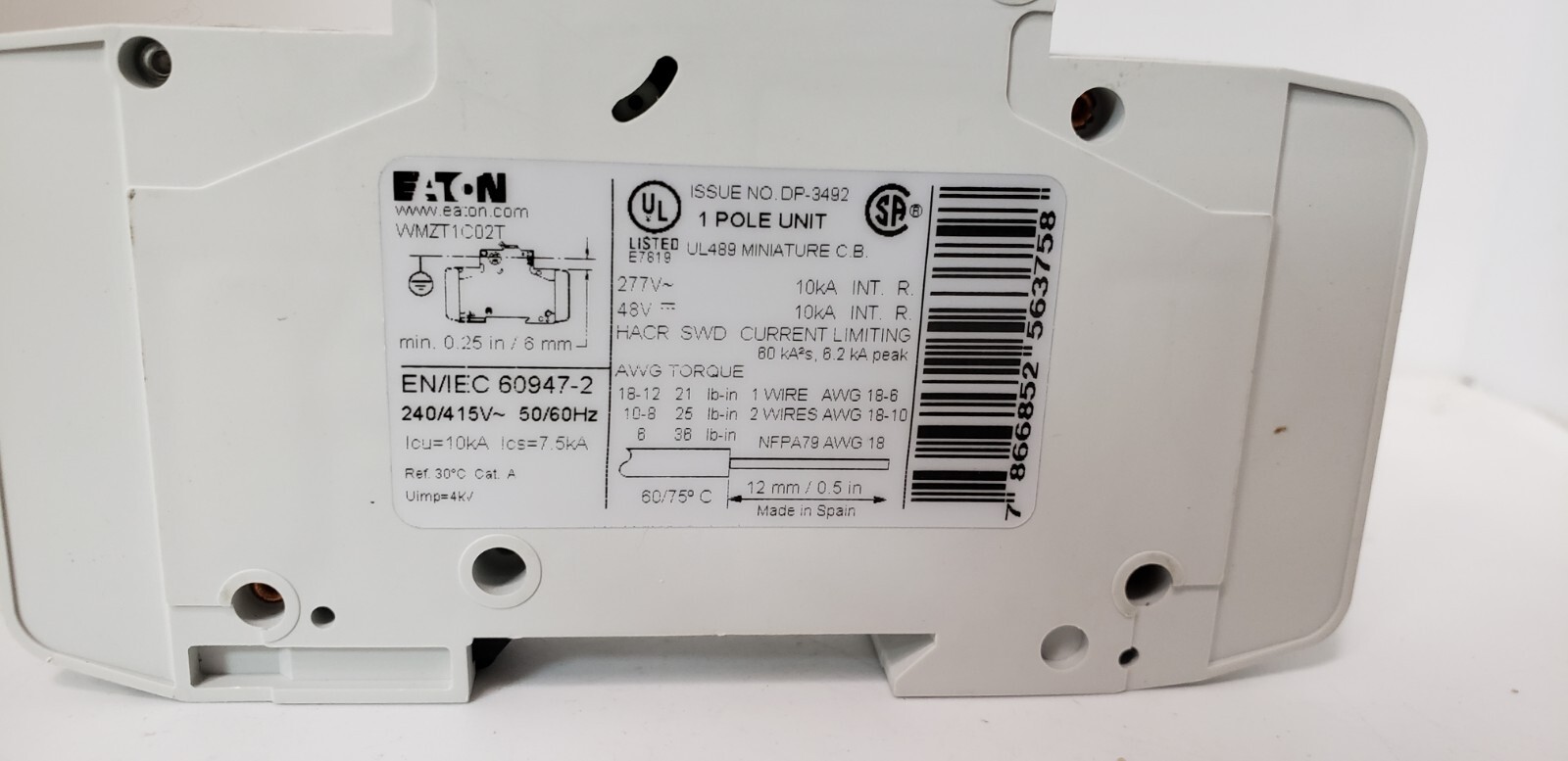 EATON WMZT1C02T CIRCUIT BREAKER, 1 POLE, 2A, 240/415V, 10kA, TYPE C, NIB