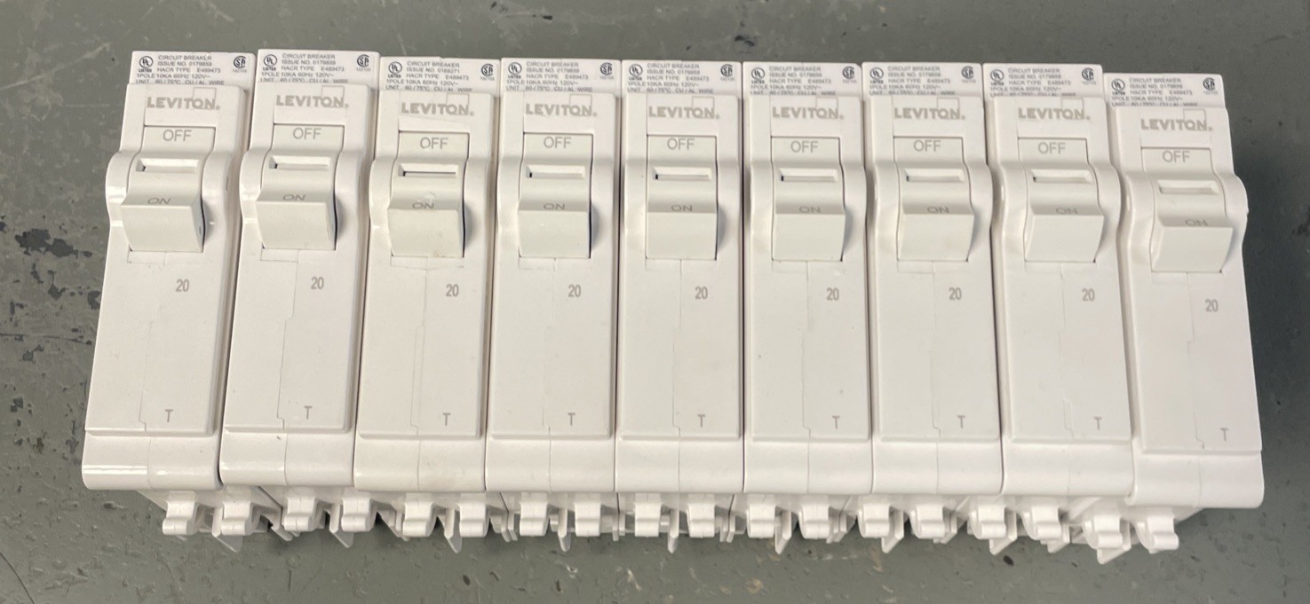 lot of 9 Leviton LB120-T 20A 1-Pole Plug-On Standard Branch Circuit Breaker