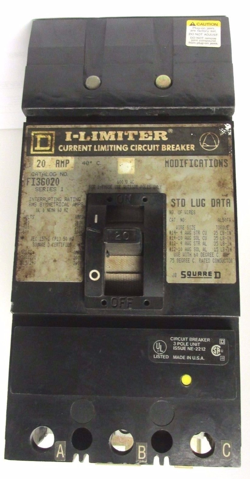 * Square D 20A CIRCUIT BREAKER FI36020 I-Limiter ……………… UC-09