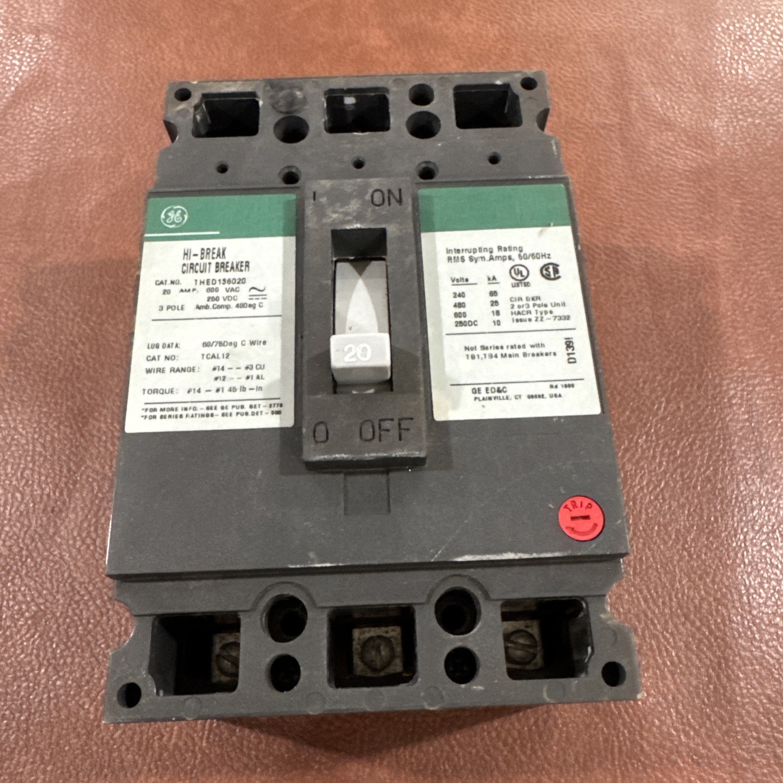 GE Circuit Breaker THED136020 3 Poles 600VAC 250VDC 20A 25kA 480V HI-BREAK