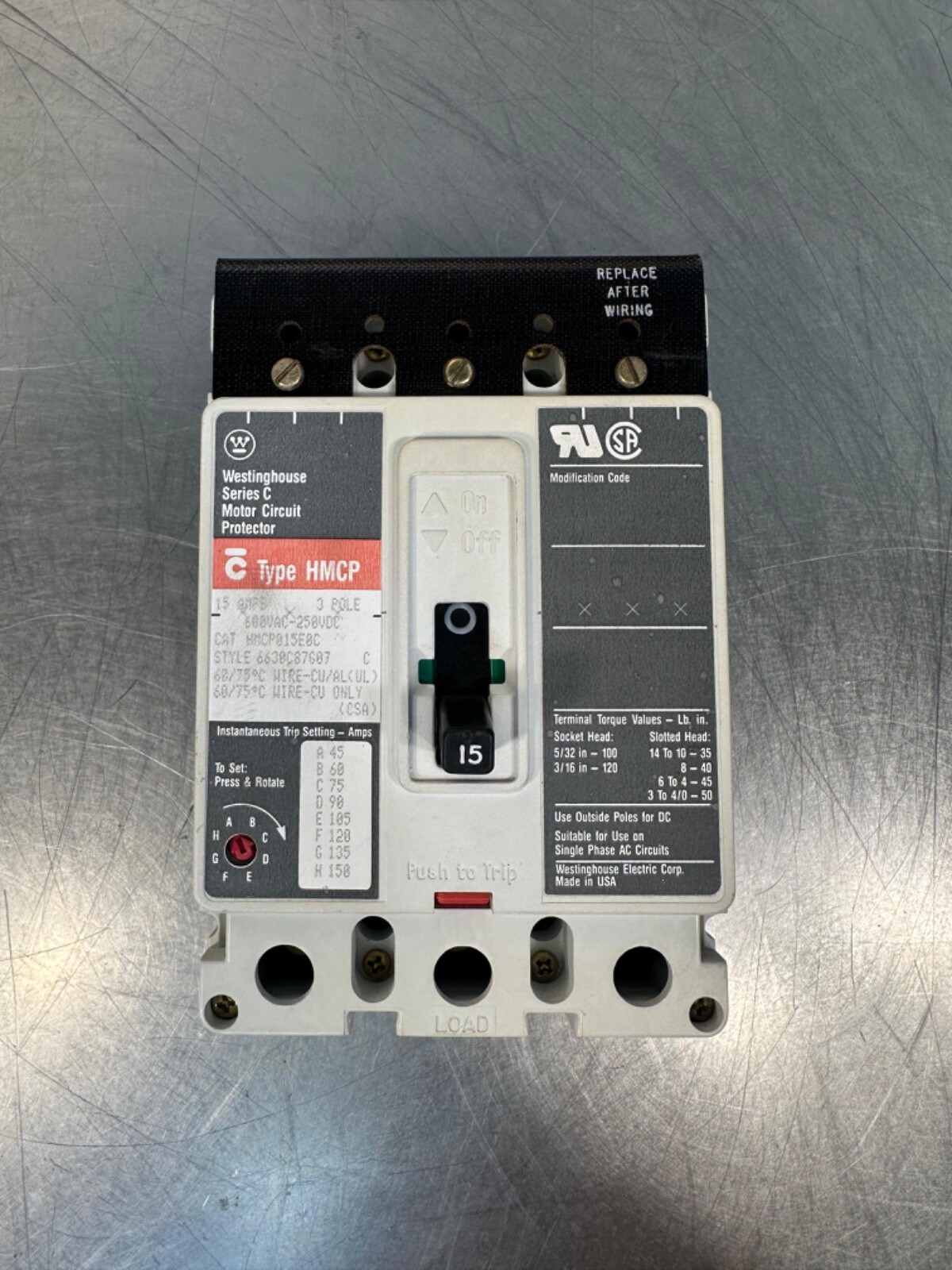 Westinghouse HMCP015E0C Bolt-On Circuit Breaker 15A 600V 3P (4B-27)